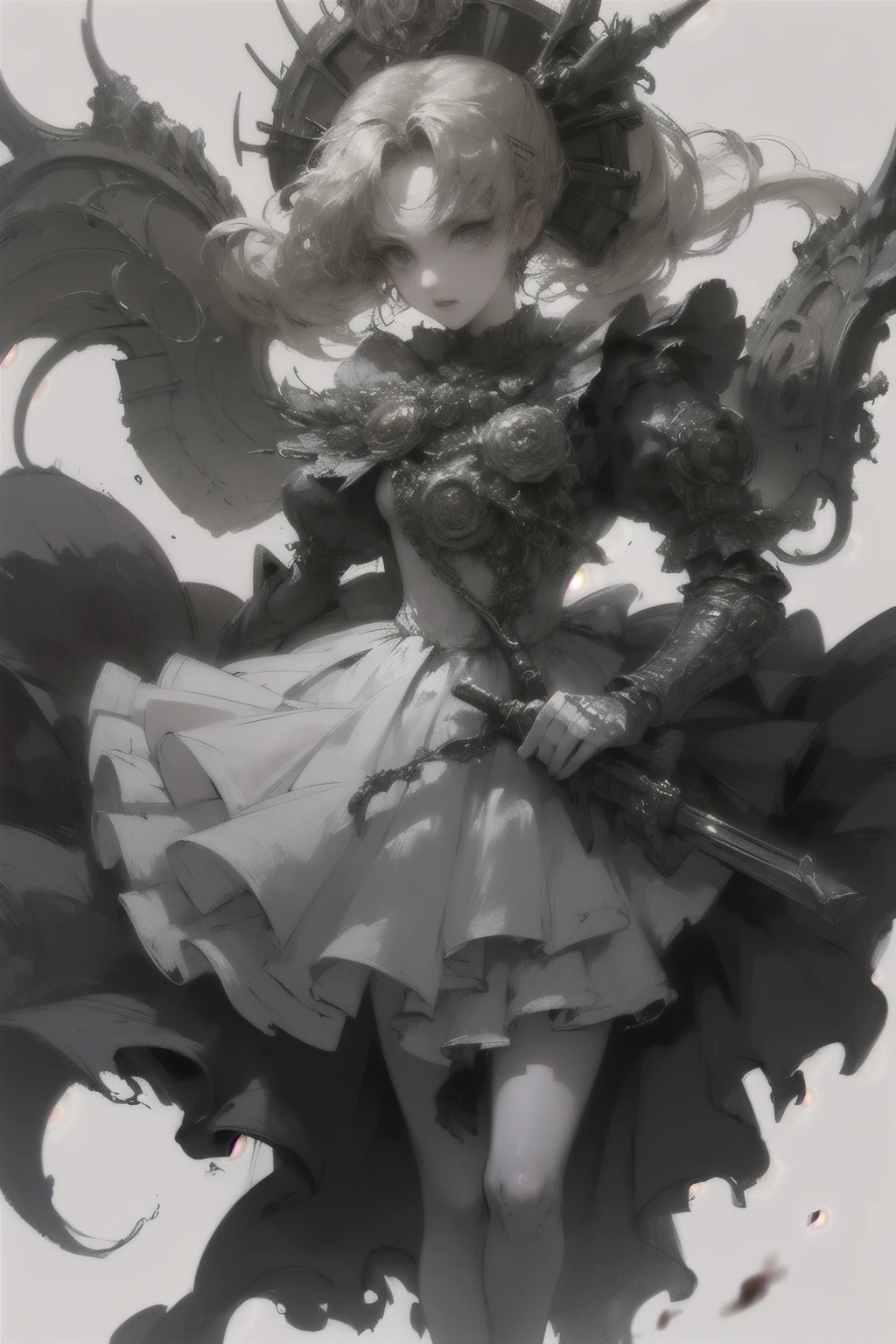 ((best quality)), ((masterpiece)), (detailed), perfect face ((best quality)), ((masterpiece)), (detailed), blank white background, plain background, white background, Bloodborne inspired, occult aesthetic, occult, detailed and intricate steampunk and detailed gothic, (zentangle, mandala, tangle, entangle), NSFW, torn clothing, Very dramatic and cinematic lighting, cosmic horror, grim-dark, side-lighting, perfect face, a beautiful goddess adorned and enshrined in armour, Bloodborne inspired , occult aesthetic , occult , detailed and intricate steampunk and detailed gothic , wielding a sword and holding a shield, NSFW, Fluttering lace flared short dress with frilly petticoats, knee length dress, pleated petticoats, ta dress, petticoats gothic loliside-lighting, gothic lolita aetic, beautiful small breasts, small breasts, full body, whole body, body, plain background, white background, blank background, no background, white background NSFW, full body, whole body, head-to-toe