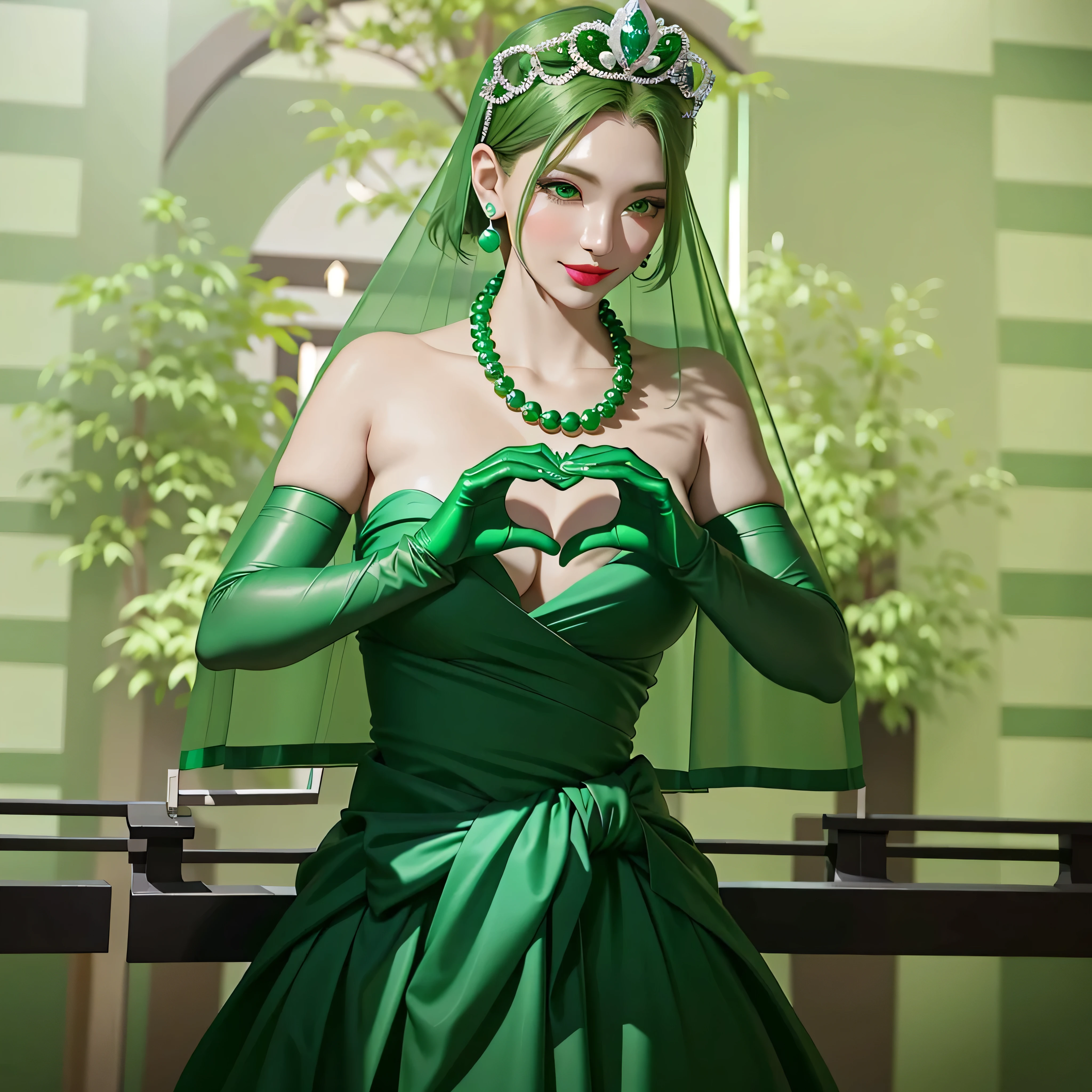 Emerald tiara, Green Pearl Necklace, Boyish very short green hair, Green Lips, Smiling Japanese woman, Very short hair, Busty beautiful lady, Green Eyes, Green satin long gloves, Green Eyes, Emerald Earrings, Green Veil, Heart with both hands, Green Hair, Beautiful Japanese Woman, Heart shaped hands:1.3, green lip gloss