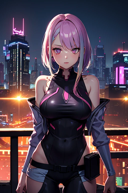 A pink haired woman with violet eyes with an hourglass figure in a cyberpunk outfit is posing on a rooftop in the city at night