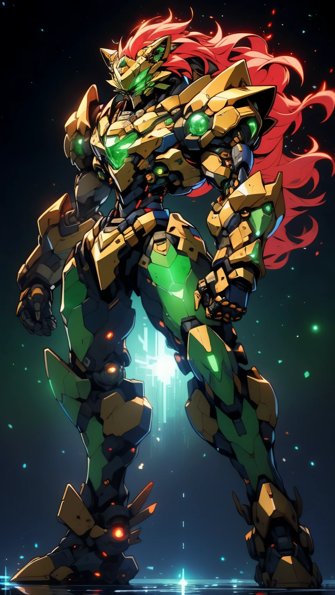 ((SRS)), Humanoid Mecha, fully enclosed shoulder guards, matching arm and leg guards, full body, full armor, super robot, the design balances heavy with agility, (the color scheme is primarily white with red and blue accents, the concept Inspired by super robot, Lion head shaped chest armor, pose, standing, floats above a futuristic sci-fi city), exquisite and mature art style, (aura effect, energy, glowing green eyes, the armor glows), metallic, dramatic, high definition, best quality, highres, ultra-detailed, ultra-fine painting, extremely delicate, professional, perfect body proportions, anatomically correct, symmetrical face, extremely detailed eyes and face, high quality eyes, creativity, RAW photo, UHD, 32k, Natural light, cinematic lighting, masterpiece-anatomy-perfect, masterpiece:1.5