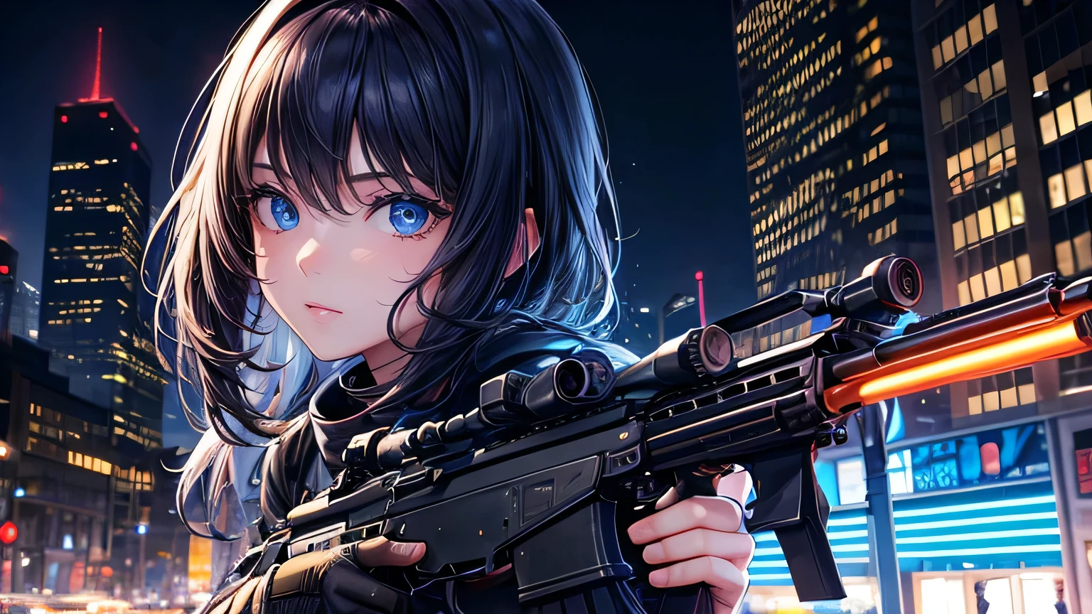 beautiful girl,Military style,1.3, Beautiful Hair: 1.2,1.2,Destroyed City 1.1, Ultra-high resolution, Accurate, Super detailed, Textured skin, High detail, highest quality, 8k,Detailed hair depiction,whole body,Well-drawn eyes, Focus on the face,Camouflage,Detailed depiction of eyes、Detailed depiction of hair,City of night,Blue Neon Light,Have a rifle,