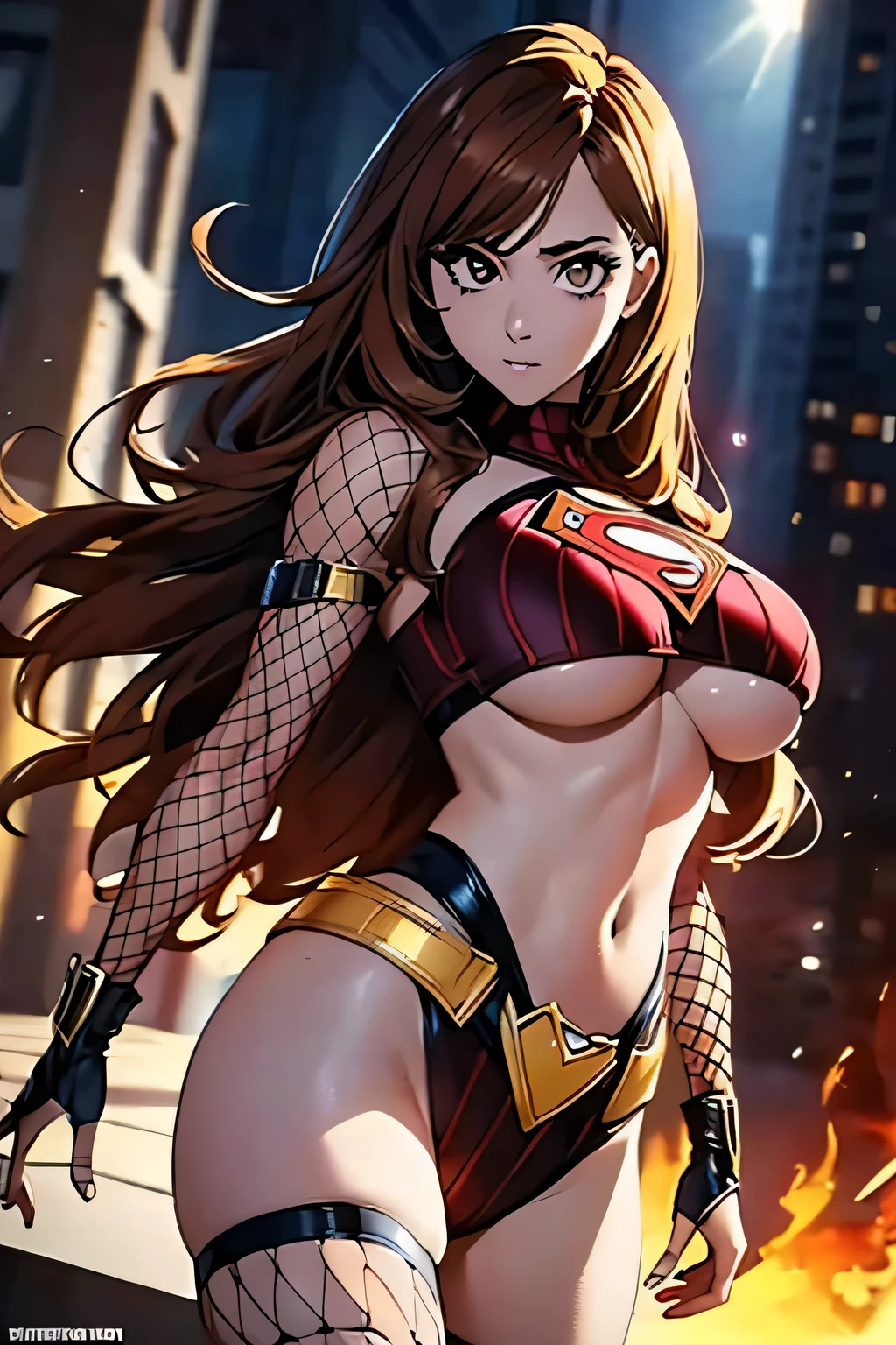 1 woman, long hair, large breasts, ((detailed eyes:1.2, brown eyes)), ((superhero outfit, fishnets, underboob)), nsfw, sexy, sensual, masterpiece, top quality, best quality, official art, beautiful and aesthetic:1.2), extreme detailed, colorful, highest detailed