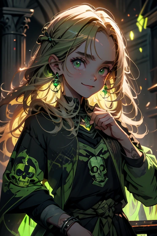 Hermione Granger, roupas da sonserina, Outstretched hand, neon green skull in hand, sorriso cruel, gravata verde roupas escuras, olhos verdes brilhantes, skull tattoo on hand