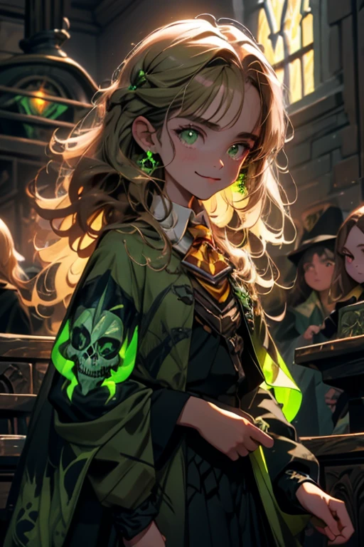 Hermione Granger, roupas da sonserina, Outstretched hand, neon green skull in hand, sorriso cruel, gravata verde roupas escuras, olhos verdes brilhantes, skull tattoo on hand