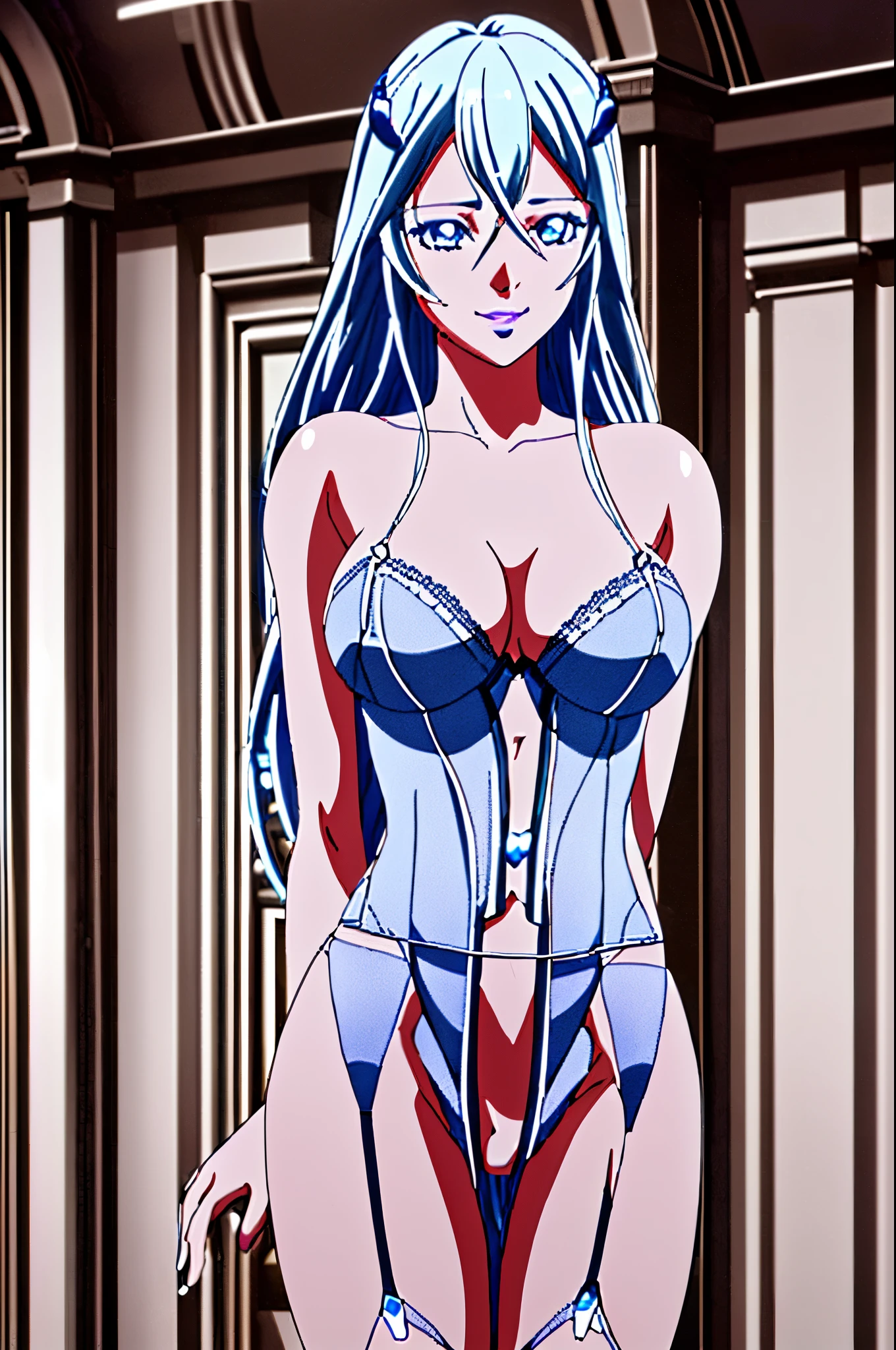 1 girl, long silver hair, hair ornament, blue eyes, beautiful detailed eyes, beautiful detailed lips, extremely detailed face, longeyelashes, smile, sexy body, medium breast, sexy lingerie, big eyes, masterpiece, photorealistic, ultra-detailed, 8k, concept art, fantasy, dramatic lighting, cinematic, vivid colors