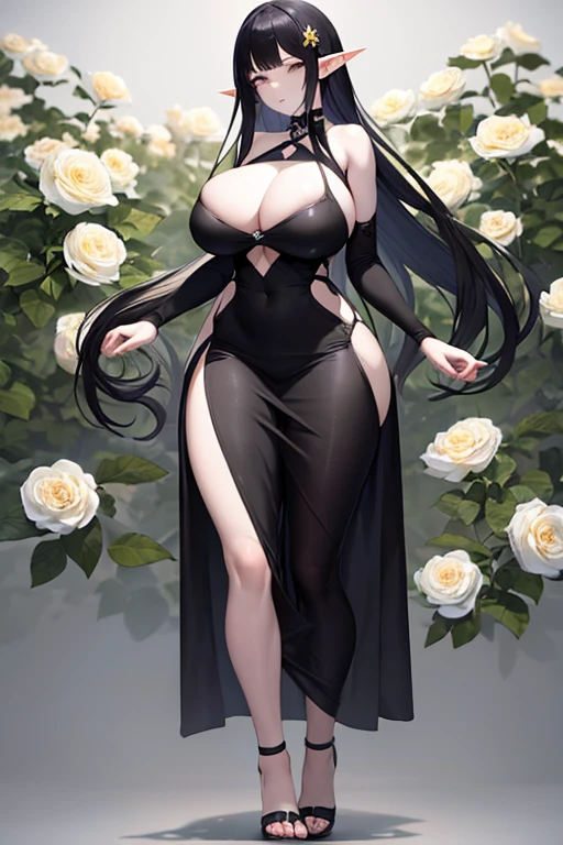 ((best quality)), ((masterpiece)), (detailed), perfect face, full body, black dress, black hair, long hair, hime hair style, elf ear, big tits, big ass, white pale skin, flower background