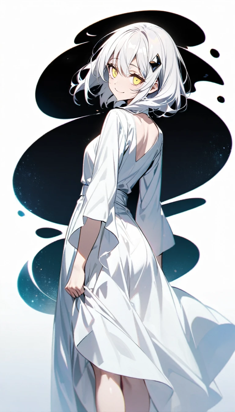Attractive pose。Flowing white hair, Melancholy eyes, Yellow pupil, Black diamond-shaped hairpin,smile。whole body。look back