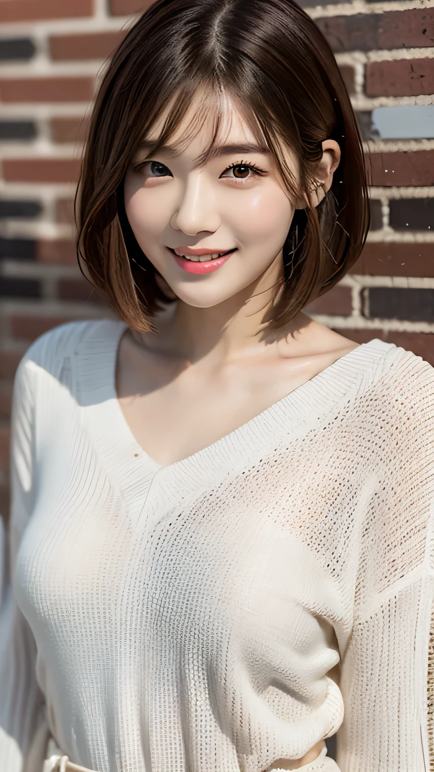 Stylish and beautiful Korean women、White and beautiful skin、low length、Brown Hair、Bob Cut Hair、Reddish brown eyes、Slanted Eyes、Thin eyebrows、Thick lips、smile、Flashy clothes、Fashion Model、Brick Background、