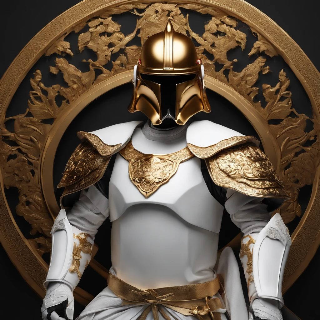 Create an epic digital portrait art STORMTROOPER with samurai armor with Japanese ornament WHITE, golden devil helmet, and a flowing cloak. The image must have a dynamic composition, with dramatic angles and perspective that convey the intensity and emotion of the scene. The image should also have a high level of detail, com desenhos intrincados na armadura e nas roupas do personagem, e texturas realistas nos elementos de fundo. Image must be at least 4K resolution, with a high level of color accuracy and sharpness. The end result should be exciting and unforgettable