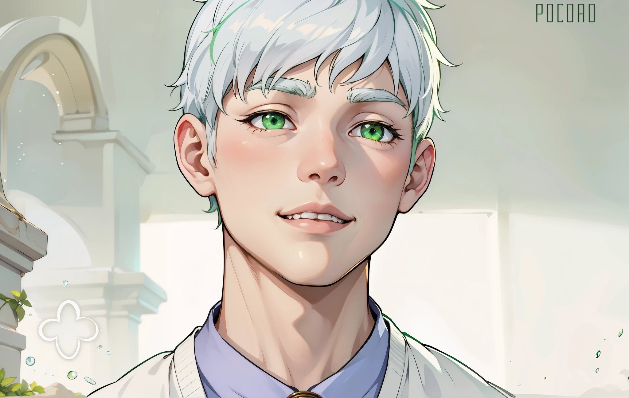 cute 18 year old boy green eyes white hair clothes from ancient egypt golden jewelry mischievous smile pocardia speaks with mockery irony green eyes so