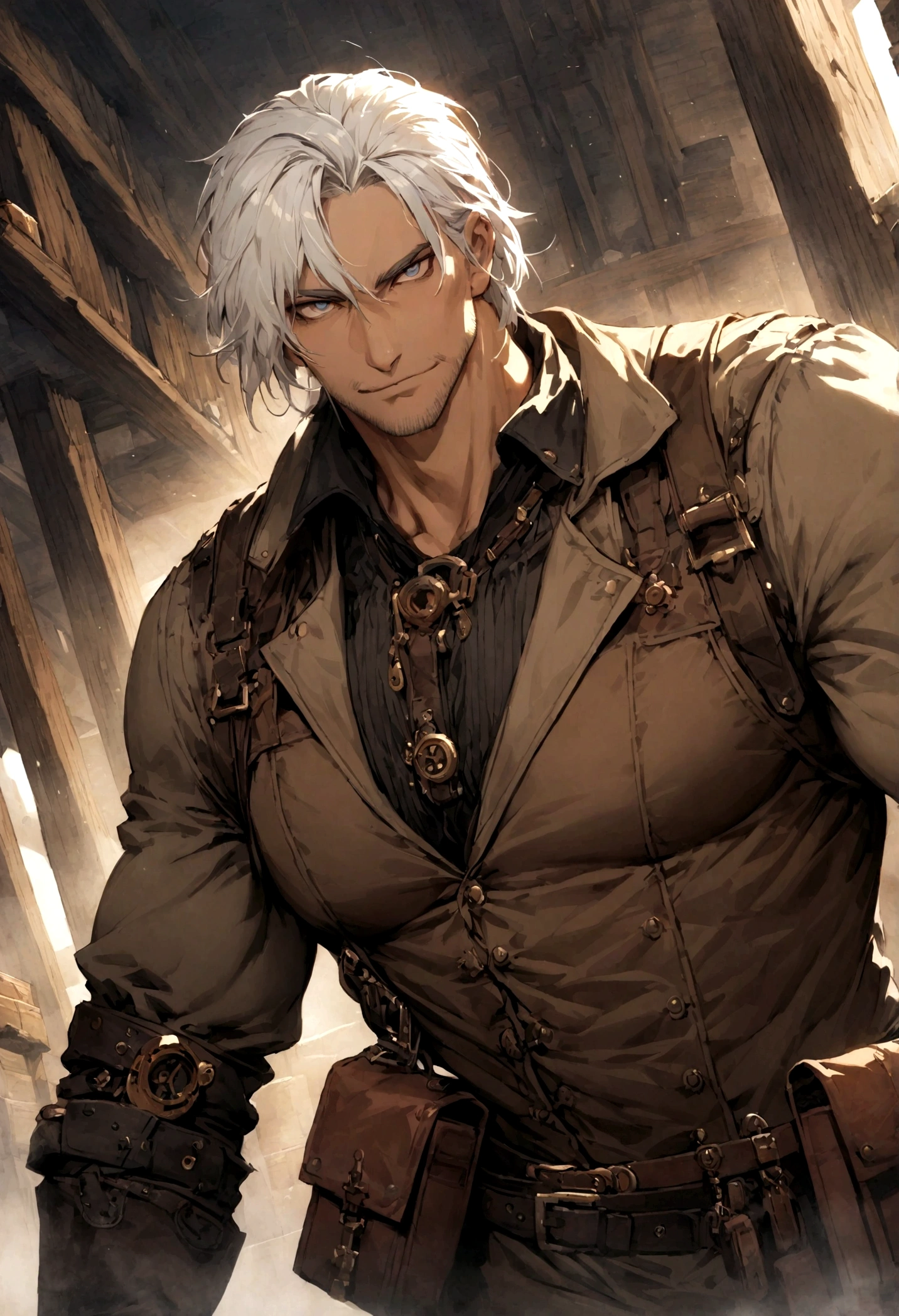 (absurdres, highres, ultra detailed), 1 male, adult, handsome, tall muscular guy, broad shoulders, white hair, finely detailed eyes, portrait, looking at viewer, solo, half shot, detailed background, detailed face, (steampunk industrial), smirk, renegade, rugged dark leather clothes, small leather pouch, high fantasy medieval setting, smuggler hideout background, stealth, undercover, (crates in background), shadows, fog, (dutch angle), closed mouth