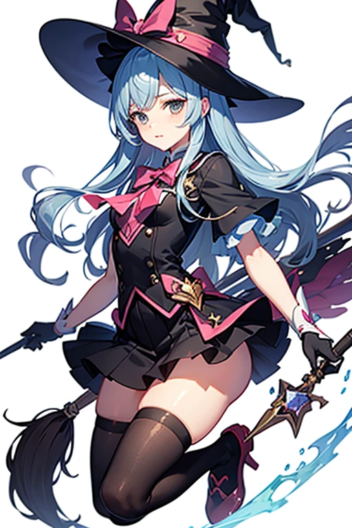 Magical girl、Witch Hat、Magic wand、Black knee-high socks、Miniskirt、Thighs、whole body