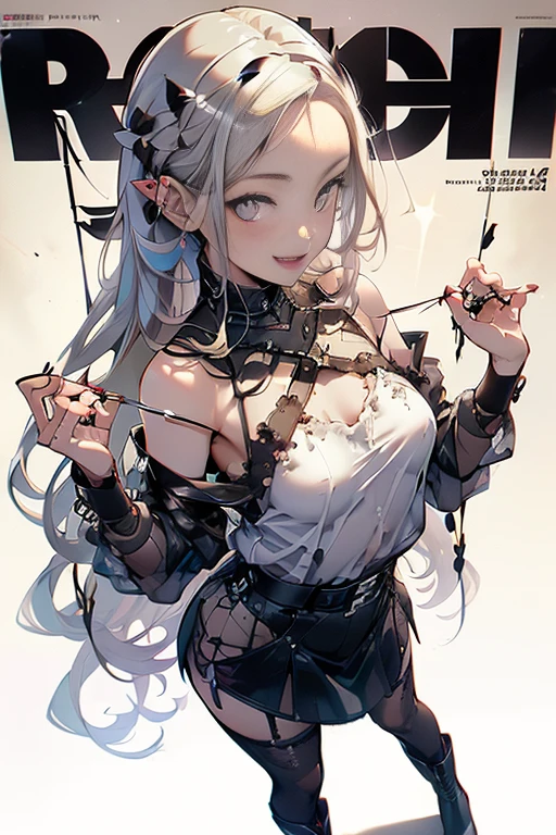 (small breasts:1.2), (perky chest:1.2), (pointed chest:1.2), (Pudding cake magazine cover:1.3),(from above:1.0),(shoot from the side:1.1),masterpiece, 1girl, Amazing Cleavage:1.1, thin waist, optimum,tmasterpiece,hight resolution,best qualtiy,hyper HD,super detailing,awardwinning,a 18yo cute girl,(The upper part of the body),anatomy correct,Beautiful Black miniskirt,garters,Gaze,Small face,bangss,holster,Beautuful Women,hands up,leg holster,Gaze,black boots,Cowboy Shot,cute face,a blond,Longhaire,Twin-tailed,Braids, Hairline,(scarlet eyes),long eyelasher,Hanging eye corners,White skin of the, ((see through camisole:1.1)), ((Sheer nipples:1.0)),Rocket Tits,(Slim body),smile,seductive weak smiling,(with sparkling eyes and a contagious smile),little open mouth, Looking at Viewer,