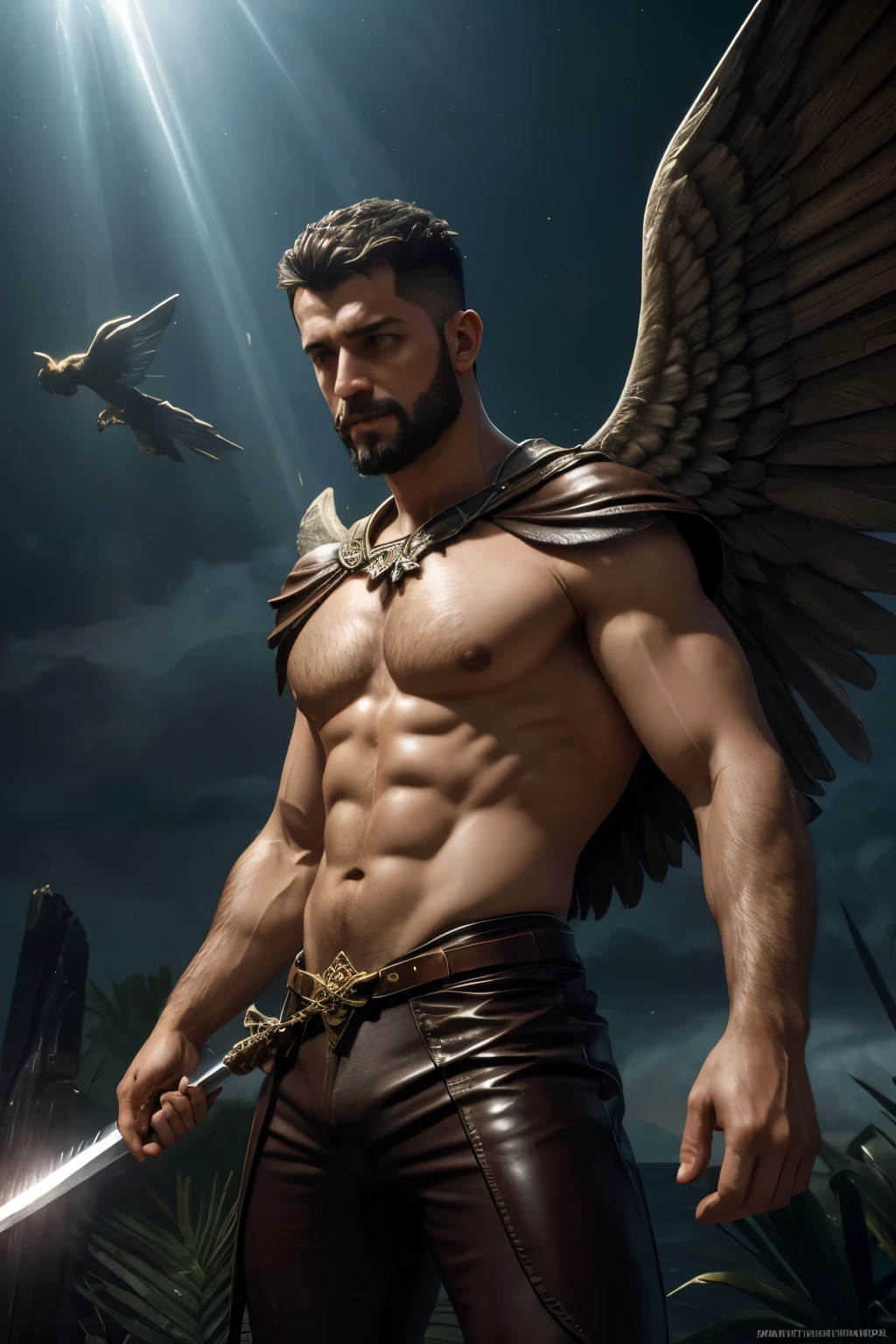 (Professional 3D rendering:1.3) de (Realistic:1.3) Foto de arte mais bonita do mundo,Painting of a man with wings and a sword in the sky, anjo brigando com humanos, FALLEN ANGEL, O Anjo da Morte, anjo da morte, angel watching demon, anjo protegendo o homem, humano alado, the angel of death with a halo, huge wings growing out of arms, wings growing out of arms, Anjo com asas pretas, anjo escuro, fantastic location, majestoso ambiente desordenado)), corpo inteiro 8k unidade render, action shot, poros da pele, very dark lighting, sombreamento pesado, circunstanciado, Rosto detalhado, (vibrante, fotogrdeia realista, Realistic, Dramatic, Escuro, sharp focus, 8k), (Old leather clothes damaged by bad weather:1.4), ((((Use peles)))), (intrincado:1.4), decadente, (altamente detalhado:1.4), pintura digital, rendering by octane, art stations, Conceito-Arte, liso, sharp focus, illustration, germe da arte, (Loish:0.23), Wlop Ilya Kuvshinov, e Greg Rutkowski e Alphonse Mucha Gracias, (global ilumination, studiolight, Light Volumetric), chuva forte, floating particles, patife, fantasia, Onze, corpo inteiroesbian, ((Fundo escuro e antigo:1.3)),CGSesociedade,art stations