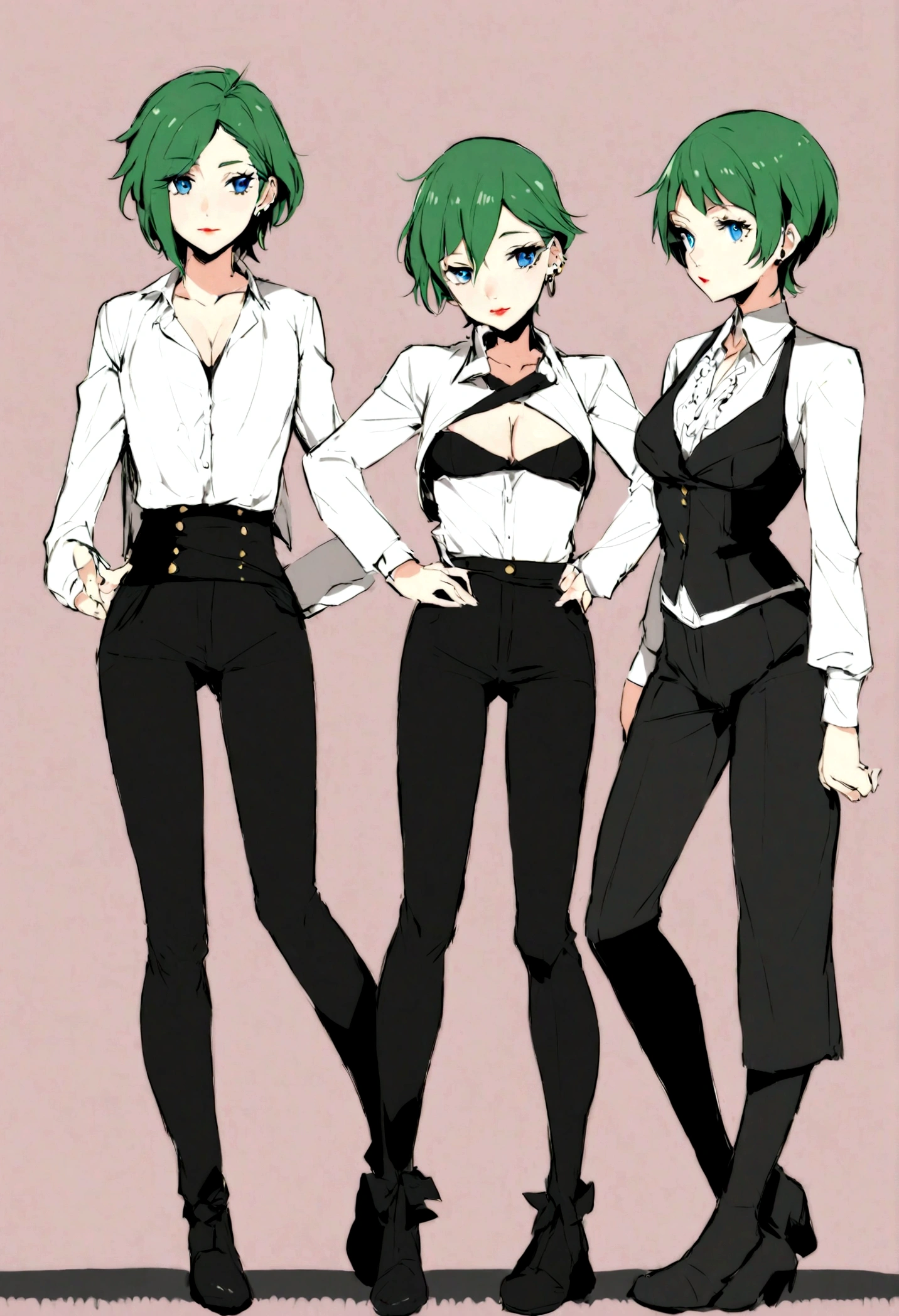 Before you stands a 5'6 young woman in her mid-twenties with bright blue eyes and full red lips. Falice seems to stand out from other substitute teachers with her rather radical look, short pixie cut green hair that shows off her pierced ears. Besides going against the normal dress code, her attitude seems to stand out with each step she takes. The fact that she still has the job means that she must be good at what she does and in this day and age, one shouldn't judge a book by its cover. Currently she's wearing a more formal look, a plain black and white combination with her own taste in clothing. The young ex-model is wearing a tight fitting white blouse that hugs her rather confidant chest to the point that she's about to burst out. Between the spaces of the buttons, it's easy to get a glance at her cleavage and the fact that she doesn't wear a bra. The blouse is tucked into a black tight black jeans of all things, and if anyone catches a glance, they'd notice she's wearing a pair of black side-tie panties underneath that sneak out from the edge. On her feet, the woman adorns a pair of black knee-high leather boots that seem to top off her rebellious look, her left leg's jeans cover her left boot. The right leg of her jeans is rolled up to her knee, showing she's wearing knee high boots.