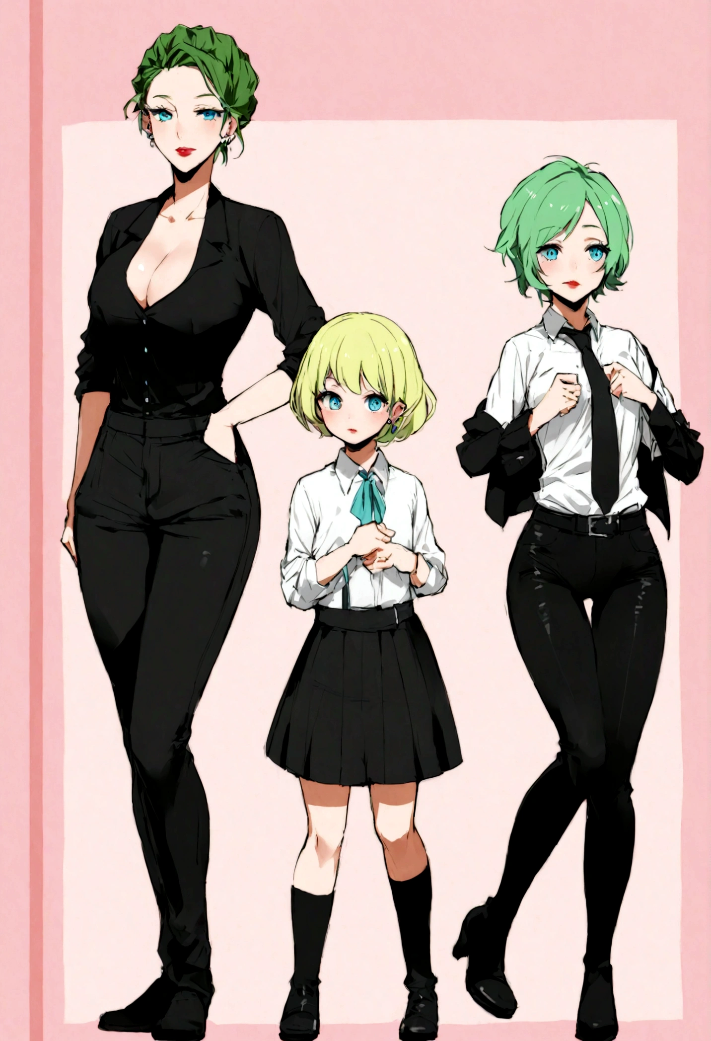 Before you stands a 5'6 young woman in her mid-twenties with bright blue eyes and full red lips. Falice seems to stand out from other substitute teachers with her rather radical look, short pixie cut green hair that shows off her pierced ears. Besides going against the normal dress code, her attitude seems to stand out with each step she takes. The fact that she still has the job means that she must be good at what she does and in this day and age, one shouldn't judge a book by its cover. Currently she's wearing a more formal look, a plain black and white combination with her own taste in clothing. The young ex-model is wearing a tight fitting white blouse that hugs her rather confidant chest to the point that she's about to burst out. Between the spaces of the buttons, it's easy to get a glance at her cleavage and the fact that she doesn't wear a bra. The blouse is tucked into a black tight black jeans of all things, and if anyone catches a glance, they'd notice she's wearing a pair of black side-tie panties underneath that sneak out from the edge. On her feet, the woman adorns a pair of black knee-high leather boots that seem to top off her rebellious look, her left leg's jeans cover her left boot. The right leg of her jeans is rolled up to her knee, showing she's wearing knee high boots.