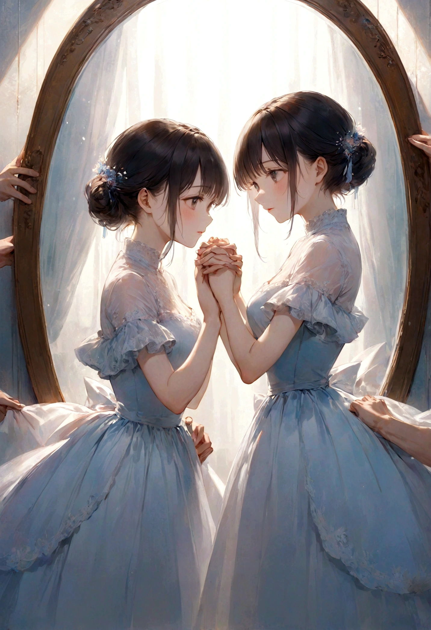 (masterpiece)、(Highest quality:1.1)、(Ultra HD:1.1)、A man and a woman separated by a mirror、Man and woman looking at each other in the mirror、They are looking at each other and holding out their hands、