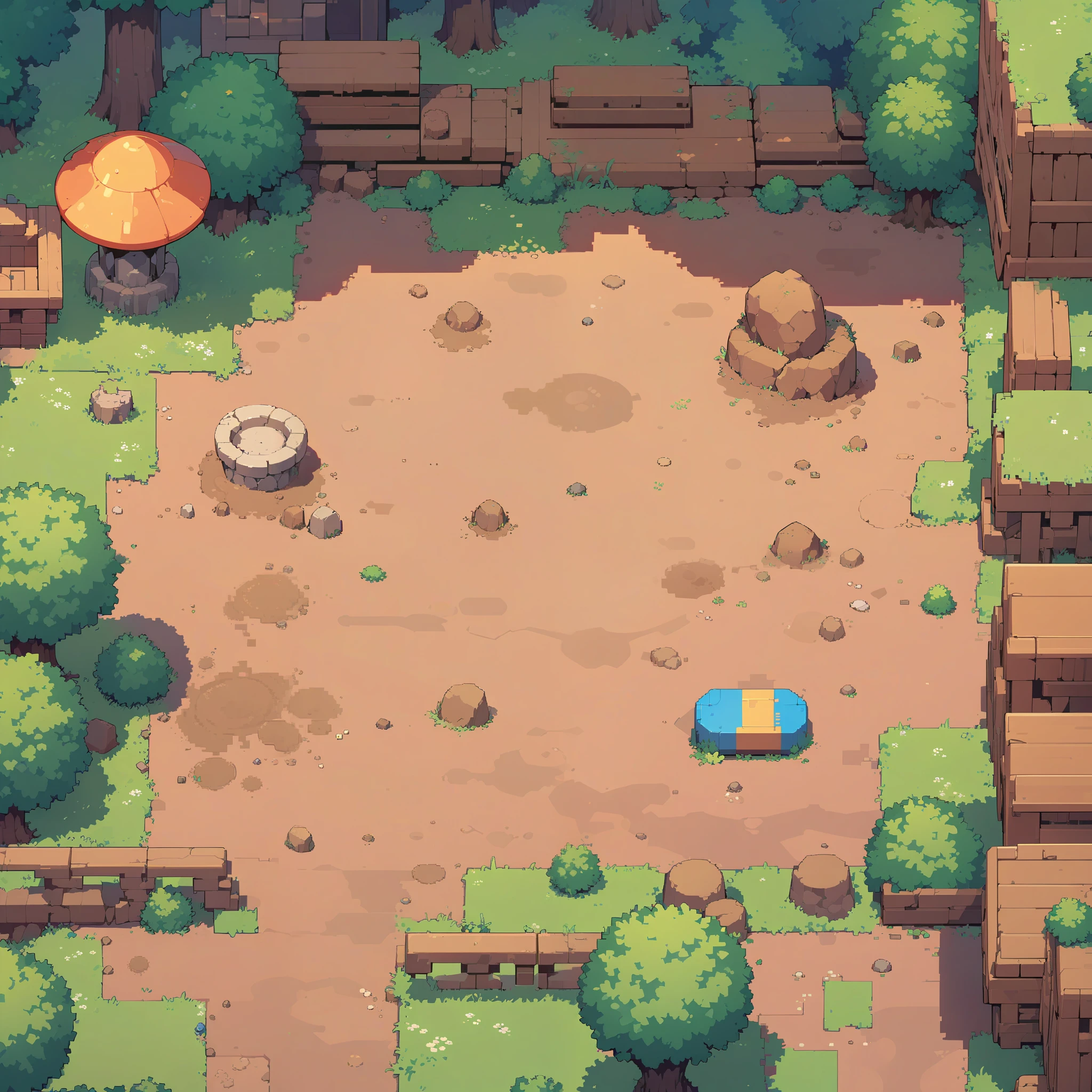 retro video game style,pixelated graphics,vibrant colors,8-bit characters,blocky shapes,sharp lines,detailed shading,classic gaming vibe,nostalgic atmosphere,classic arcade games,masterpiece:1.2,ultra-detailed,illustration style, 2d texture, clay texture, stone texture, 4 k seamless mud texture, video game texture, dirt texture, clay material, flat texture, grass, trees, rock texture, rocky ground, forest, topdown view, game texture, background art, ground very detailed, dirt, floor texture, tileable texture, intricate ground stone, top down view, 3/4th perspective