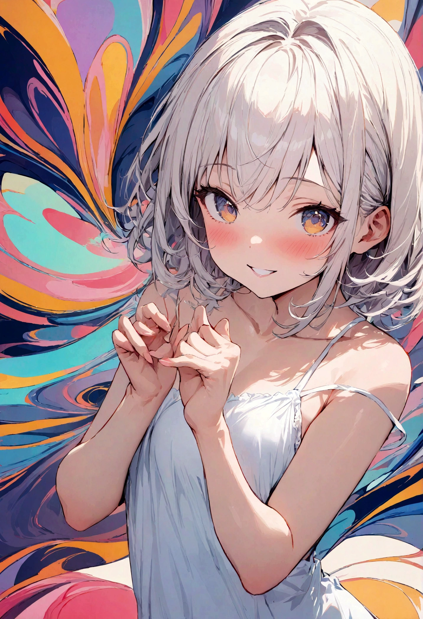 (masterpiece, best quality:1.2), (highres, abstract:1.1), ultra detail, 1girl, cute pose, camisole, off shoulder, parted lips, smile, blush