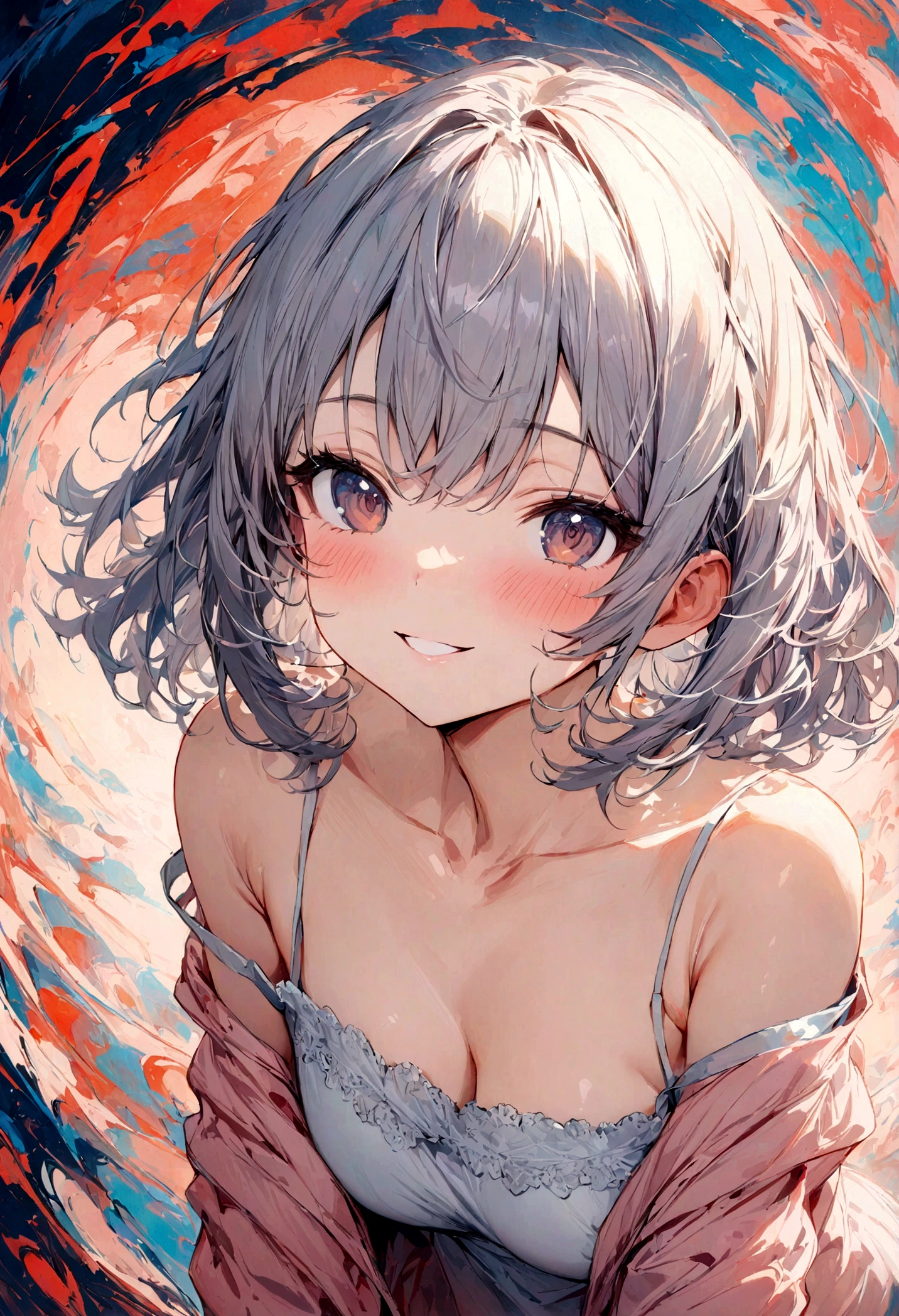 (masterpiece, best quality:1.2), (highres, abstract:1.1), ultra detail, 1girl, cute pose, camisole, off shoulder, parted lips, smile, blush