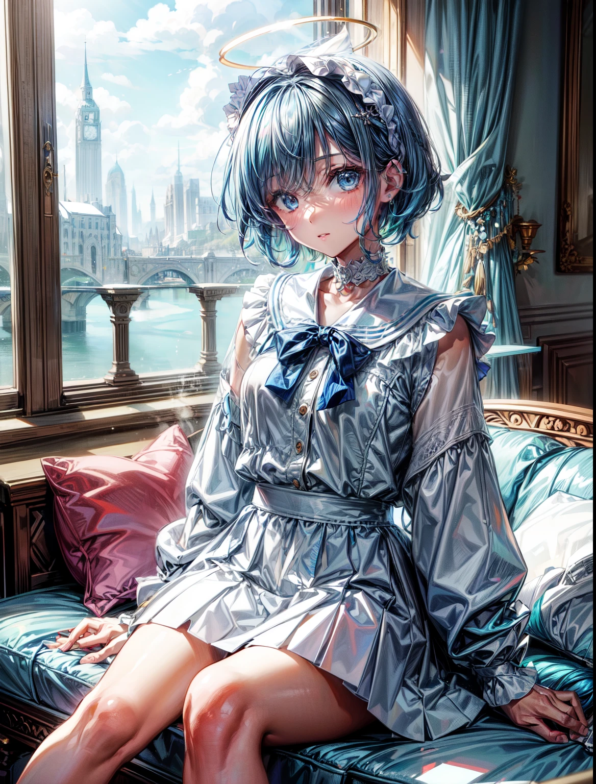 (masterpiece, best quality), 1girl, arona, blue hair, short hair, single braid, hair over one eye, blue eyes, halo, , blue shirt, long sleeves, white hairband, white sailor collar, white bowtie, white choker, white skirt, white sneakers,