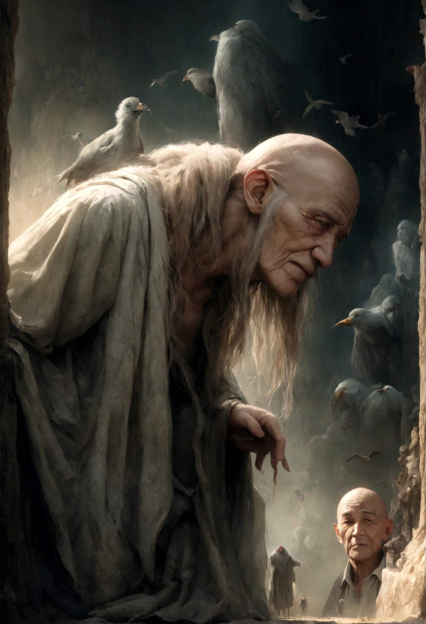 masterpiece,Realistic,highest quality,4K,Apparition,monster,An old man with an ugly face,Head bald,Bird's body,scale,green,fly in the sky,