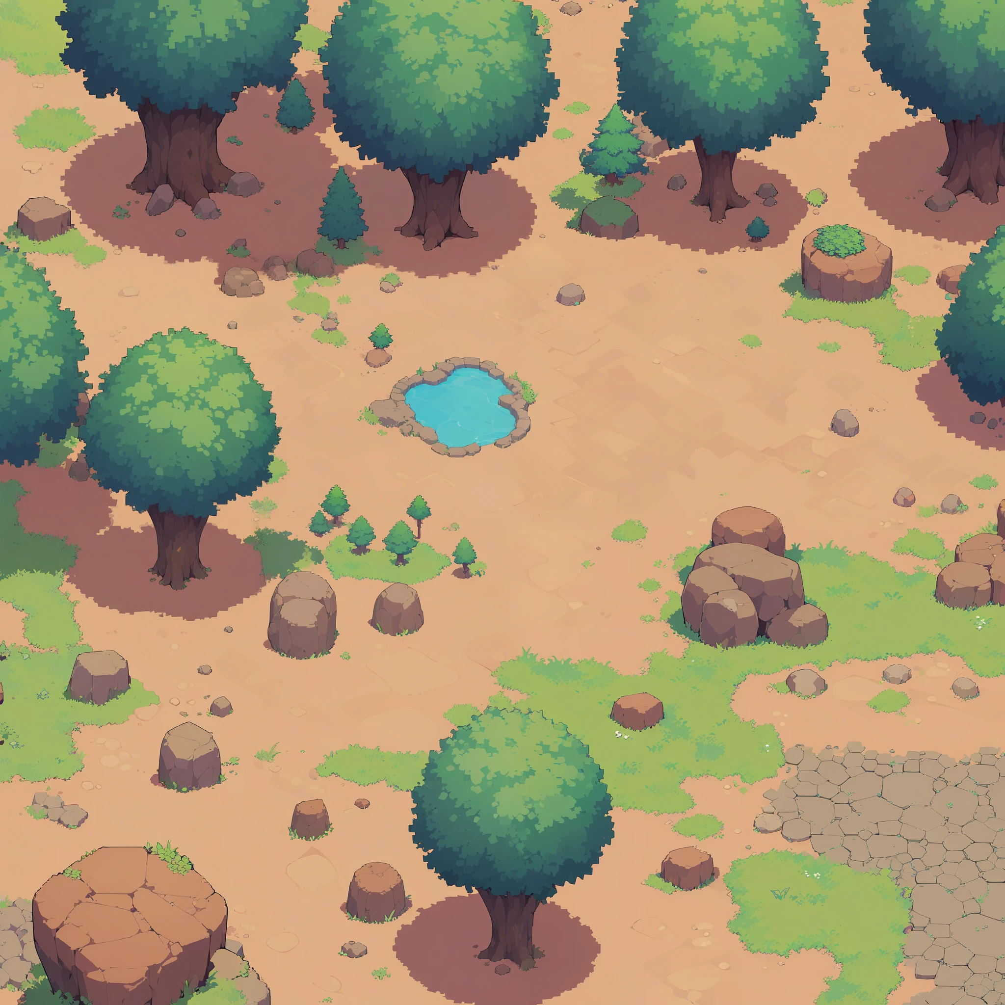 retro video game style,pixelated graphics,vibrant colors,8-bit characters,blocky shapes,sharp lines,detailed shading,classic gaming vibe,nostalgic atmosphere,classic arcade games,masterpiece:1.2,ultra-detailed,illustration style, 2d texture, clay texture, stone texture, 4 k seamless mud texture, video game texture, dirt texture, clay material, flat texture, grass, trees, rock texture, rocky ground, forest, topdown view, game texture, background art, ground very detailed, dirt, floor texture, tileable texture, intricate ground stone, top down view, 3/4th perspective