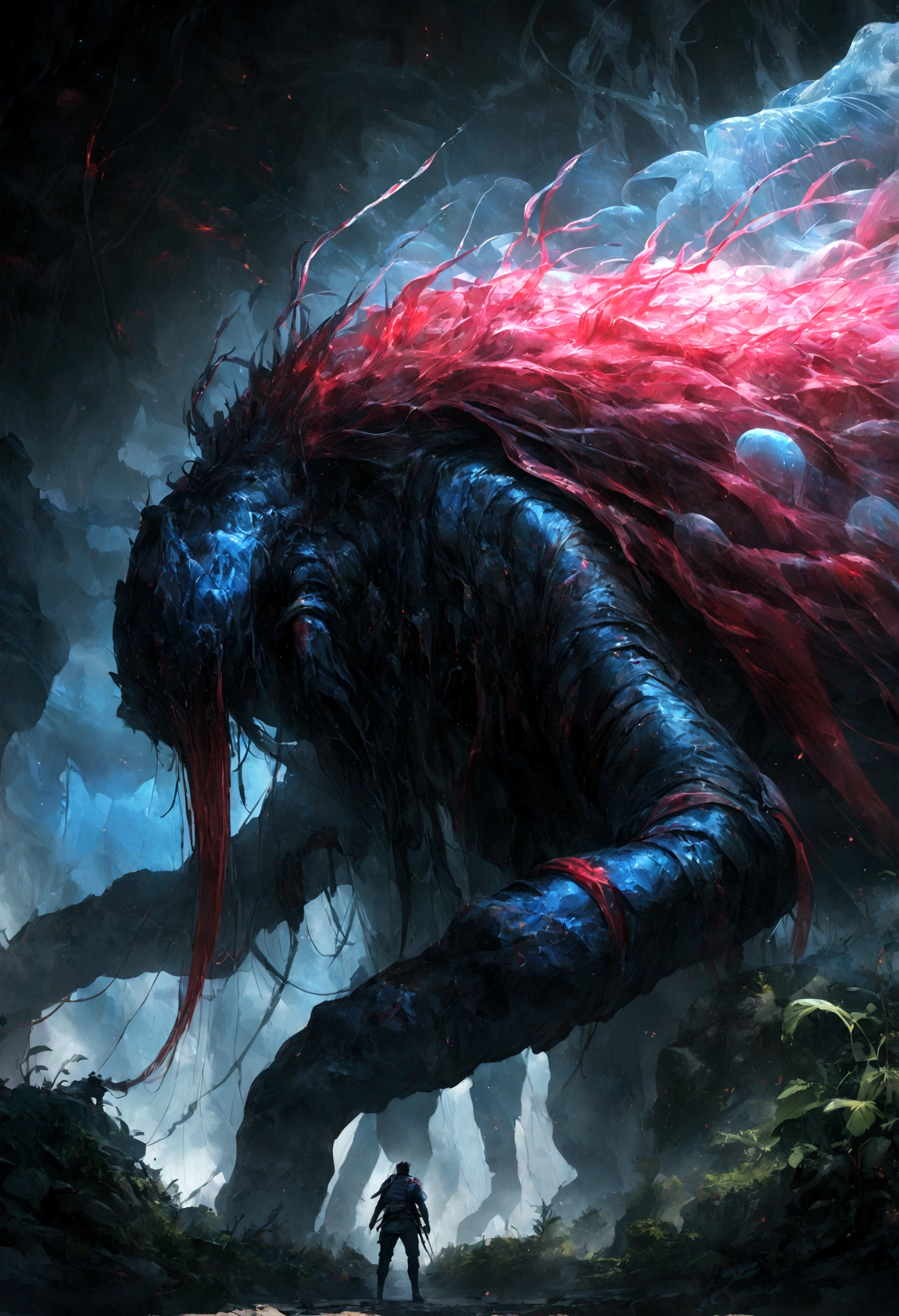 amazing quality, masterpiece, best quality, hyper detailed, ultra detailed, UHD, perfect anatomy, portrait, dof, hyper-realism, majestic, awesome, inspiring, a levitating feudal shinobi Ninja in tracksuit Casting force rings of Air, spelling transparent Rings, fights a giant mantis boss, flying, sinister Dark, cinematic, deep blacks, Perfect Hands,, neon giant jellyfish infront of space water, cinamatic composition, soft shadows, national geographic style