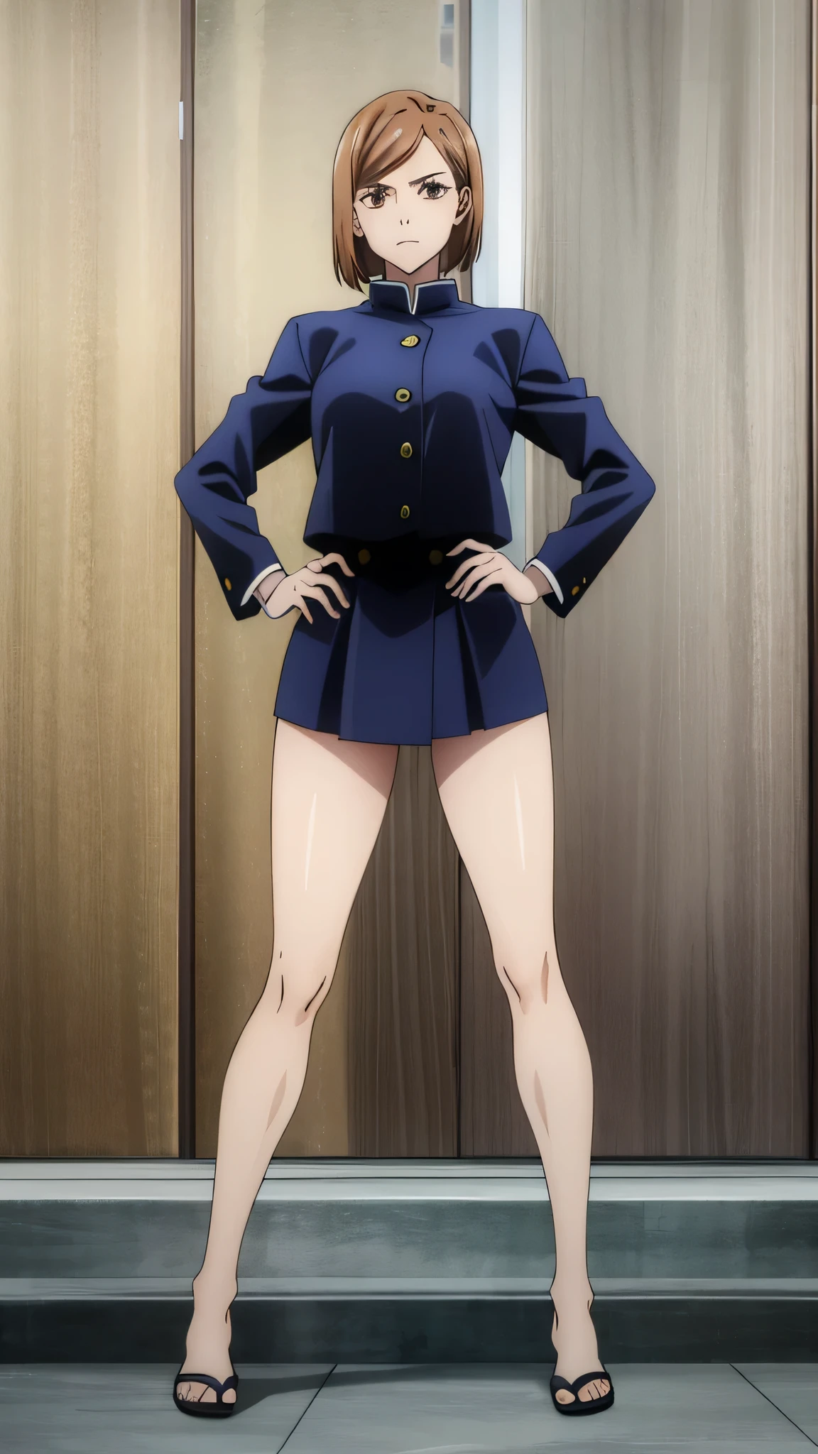 (tall body, tall, long legs, mature female, mature, adult:1.2), eft_jjk_nobara, 1girl, kugisaki nobara, solo, brown hair, brown eyes, short hair, , portrait, closed mouth, bangs, looking at viewer, standing, idle, big thigh, hand on hip, black jacket