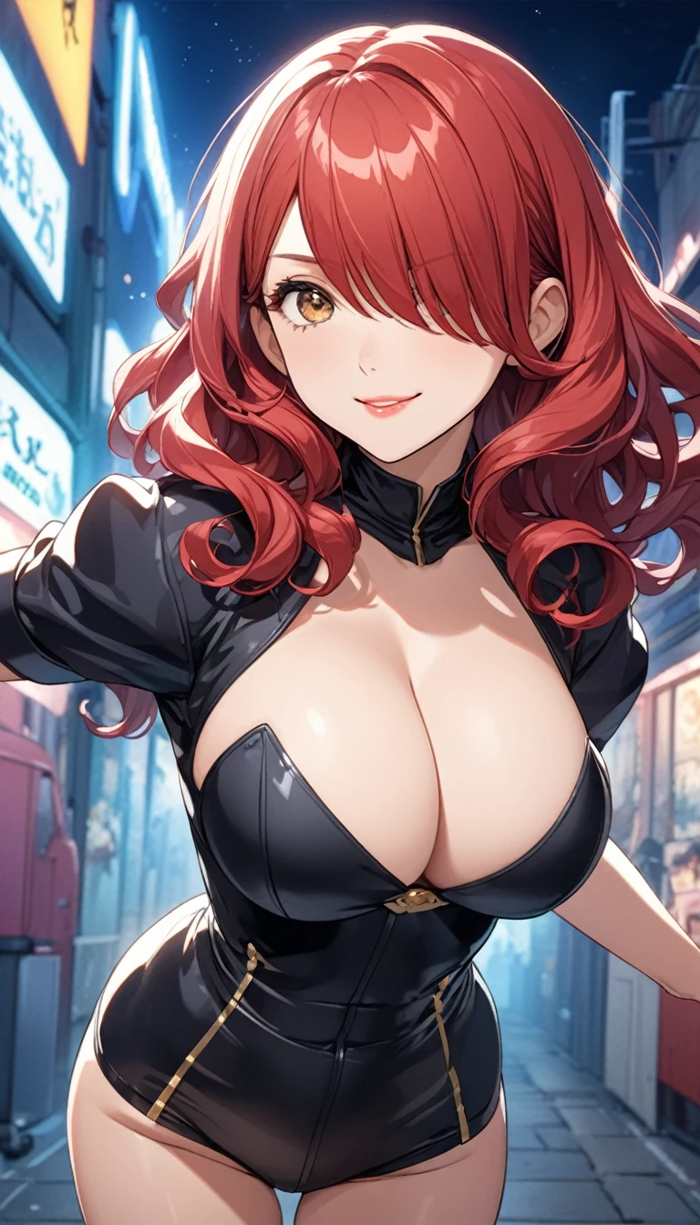 (((masterpiece))),(((High resolution)))、(((8K quality)))、(((Perfect Face)))、((Top quality eyes)), ((Fujiko Mine of Lupin the Third))、((fujiko mine)), Anime Style、There is a lot of hair in the front、wavy hair, medium hair, ((hair over one eye)), red hair, small eyes, brown eyes, Beautiful Eyes、red and thick lips、Big Breasts、Big Ass、Enchanting anime girl, Young woman anime visual, Female Anime Characters、Cleavage、cat suit、cowboy shot, sexy pose, bewitching pose, looking back at viewer, Bullish expression、smug face、smile, Night Alley、In front of the bike、