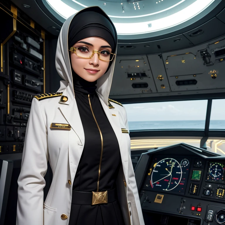 Arabic version《Star-Trek》,Female version《Star-Trek》,Arab female version of James,Arabic hijab,Veil masked,Arabian luxury Starfleet uniform,Sitting in the cockpit of the Enterprise,The Arab women's version of Spock and the Arab women's version of McCoy,Wear an Arabic headscarf,Veil masked,Wearing an Arabian luxury uniform,Stand behind him,The Arabic version of the Enterprise sails in space,High-tech and Arabic style。