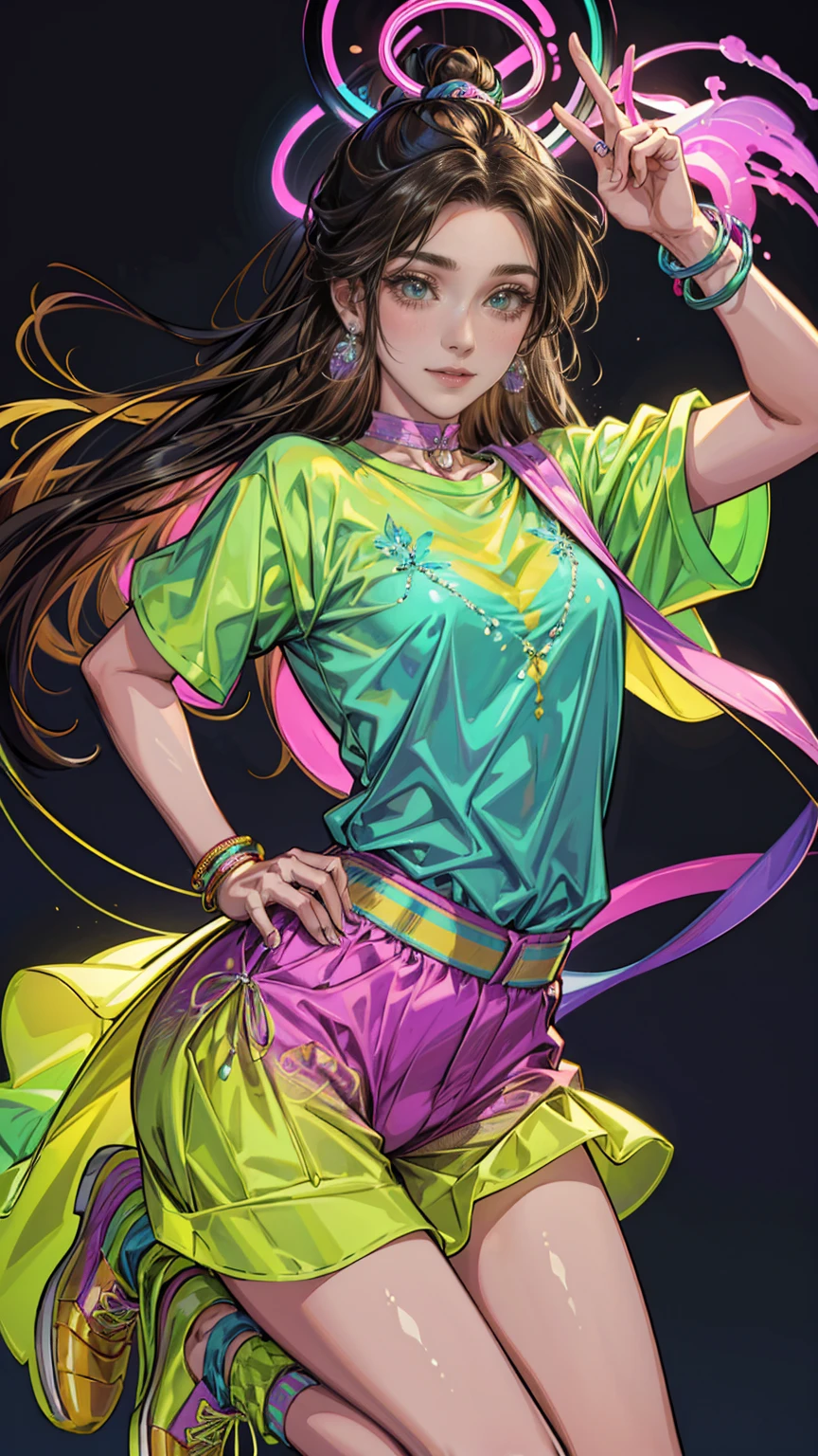 (masterpiece, Best quality, high resolution, ultra-detailed), (Beautiful and aesthetically pleasing: 1.2), A masterpiece image: ((1man)), black long hair, brown eyes, detailed eyes and face, cheerful holiday outfit, stylish bright blue shorts, green socks, yellow T-shirt with a bright print, purple sneakers, bright bracelets and earrings in retro style, children's party, neon light, dancing, dance floor,purple theme,bioluminescent fbpz body paint, monochrome