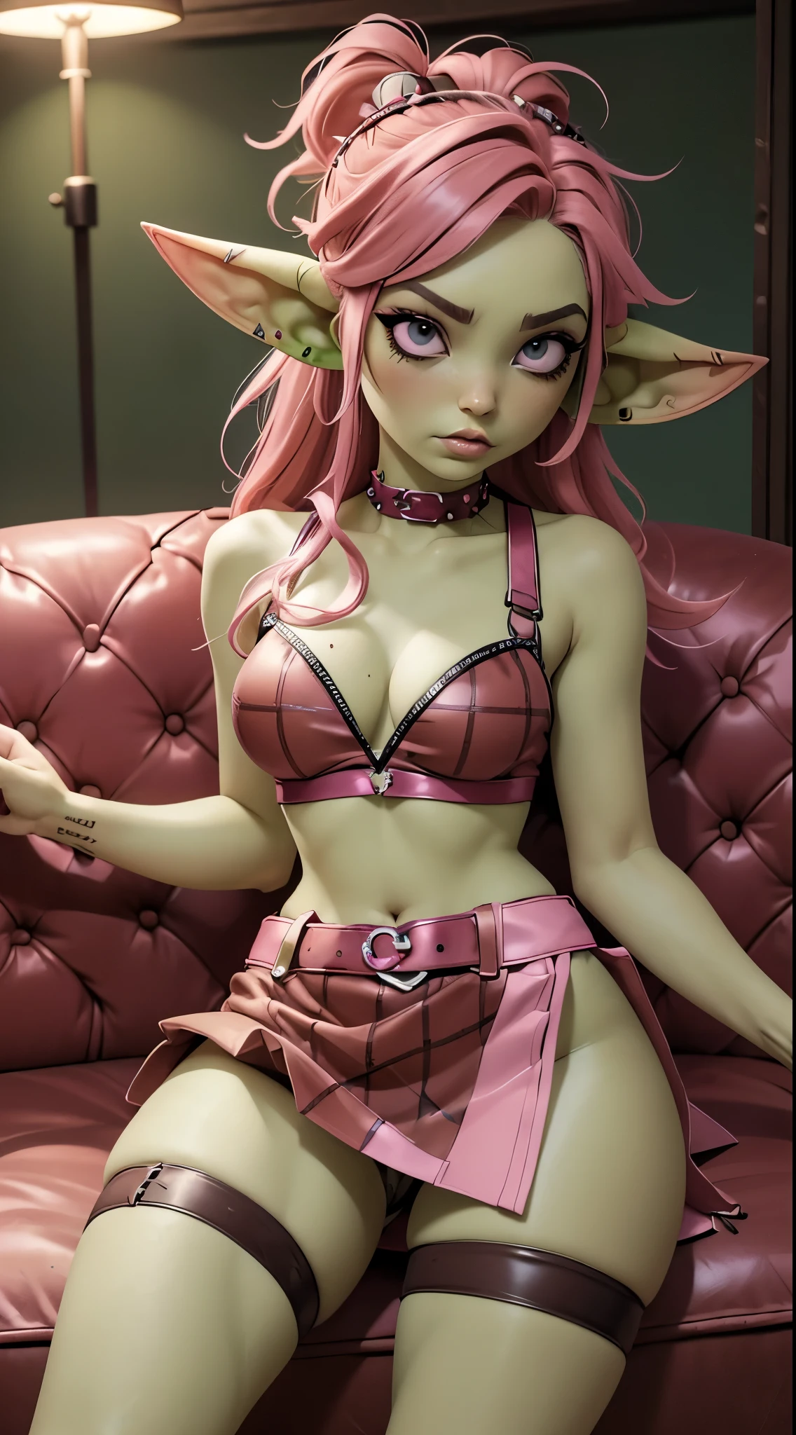 absurd resolution, ((best quality)), ((masterpiece)), (very detailed), 4k, goblin girl, hardcore punk rocker, pink hair, cropped shirt, red punk skirt, pink eye makeup, ripped fishnets, green skin, small pointy ears, nose piercing, lounging on a dirty brown couch backstage at a punk club, pink guitar nearby, looking at viewing, smoking weed