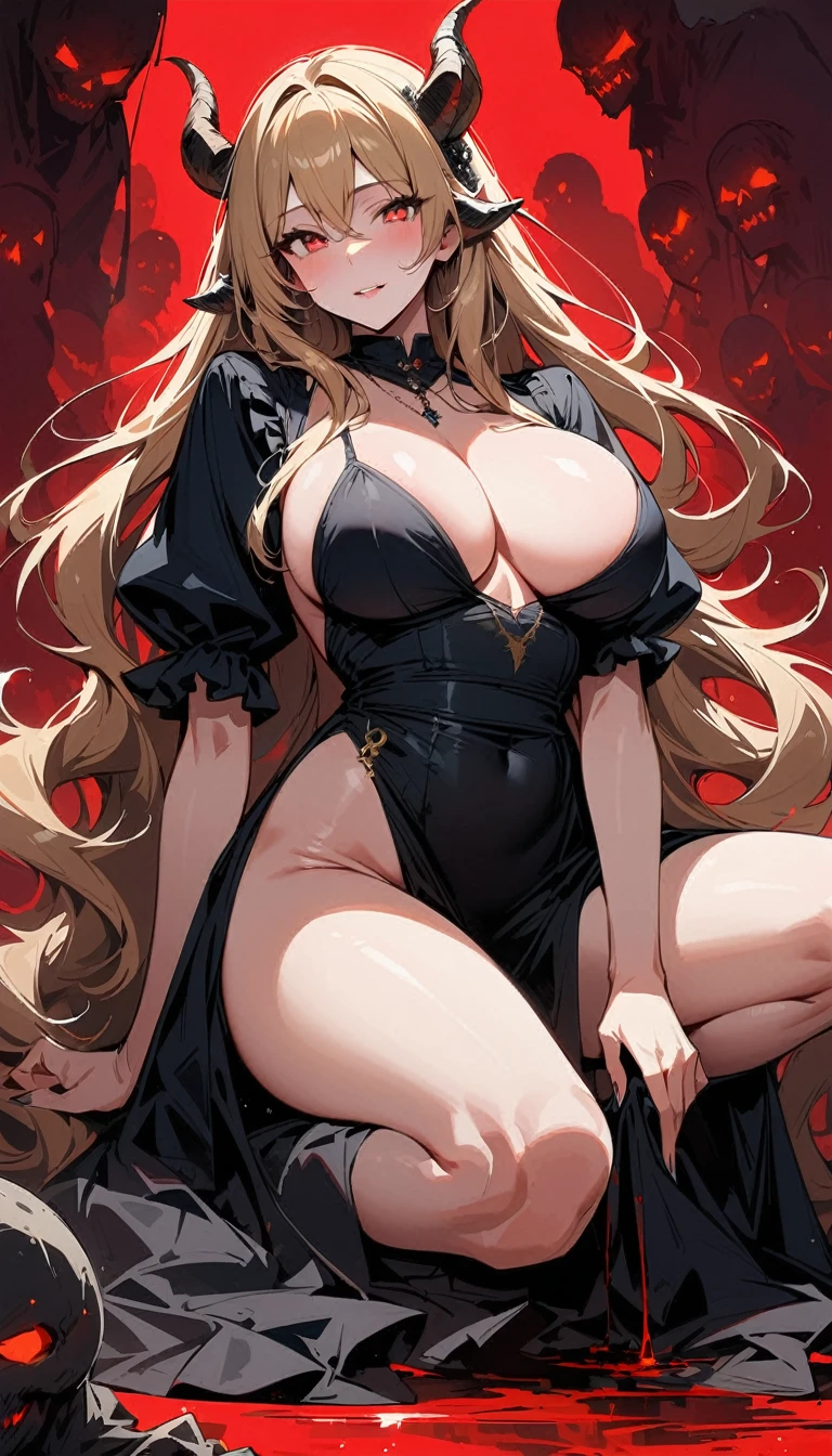 Masterpiece, very detailed, ultra detailed, one, female, (1 maid), she is in a simple maid dress, and in an elegant position, super mature, tall, milf, mature mother, super long hair, golden hair, with ultra-golden hair and combed on the sides, golden dragon horns, beautiful, charming, glowing blood-red eyes, elegant, big breasts (huge), naked breasts, cheerful breasts, kind face, charming, bright red background, dead atmosphere, against the background of zombies and ghouls.