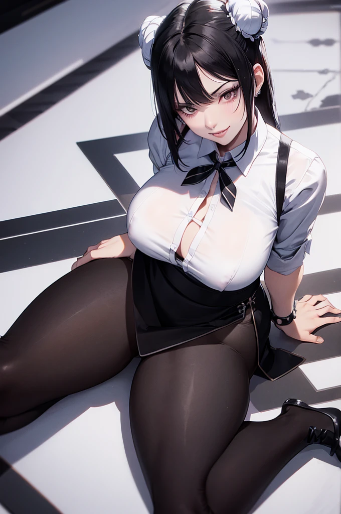 juri han, work of art, tight white secretary shirt with black tie, black high waist skirt, short skirt, black hair, black tights,evil smile,office,franja nos olhos,lighting,chifre de cabelos,view from above,olhando para cima
