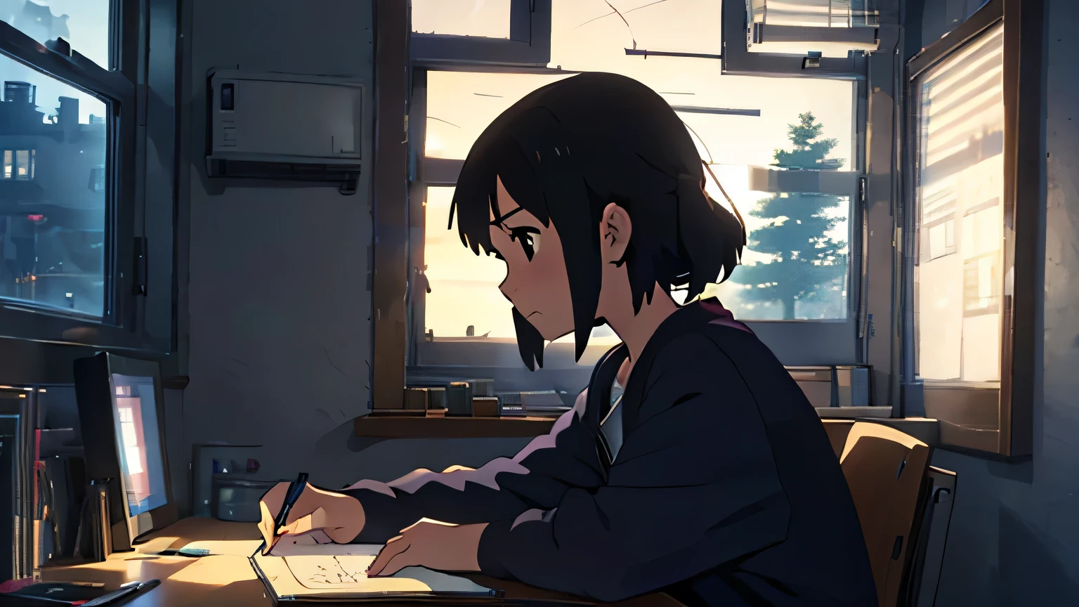 night、Girl listening to music in a cozy room, Use headphones, 2D Style Anime,Writing in a notebook with a pen, hard disk, Dark Environment,window,Starry Sky,profile,studio ghibli artstyle, Hayao Miyazaki Style,Makoto Shinkai