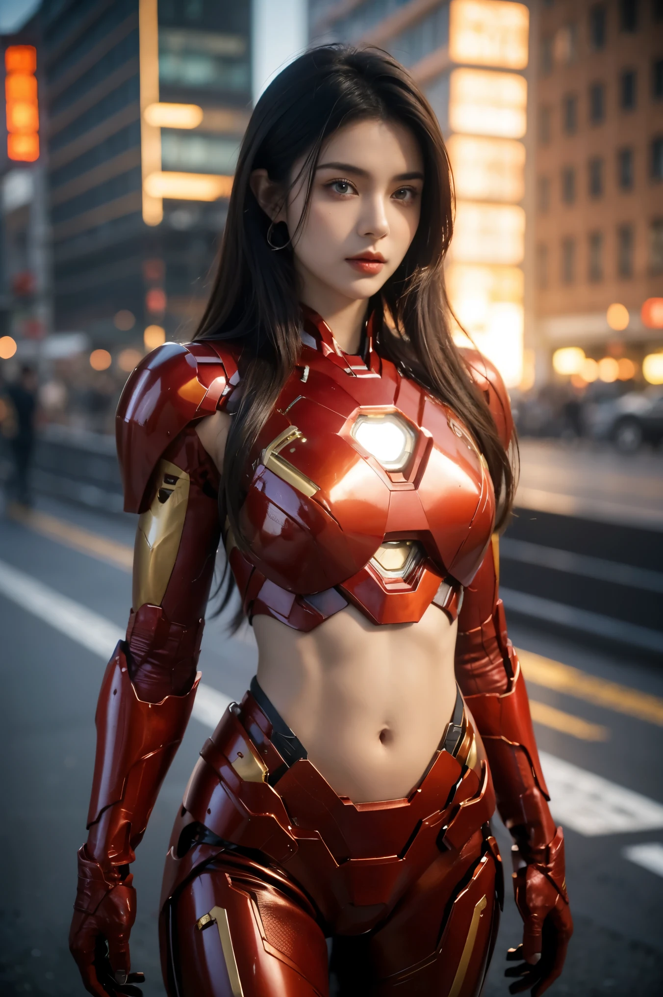 beautiful young woman, red iron man suit,metal Bikini armor, sexy exposed midriff, full metallic armor, bare midriff and waist, open abdomen, fully exposed abdomen, cowboy-shot, realistic, photorealistic, high quality, 8k, extremely detailed, masterpiece, dynamic pose, dramatic lighting, cinematic, sci-fi, futuristic, vibrant colors