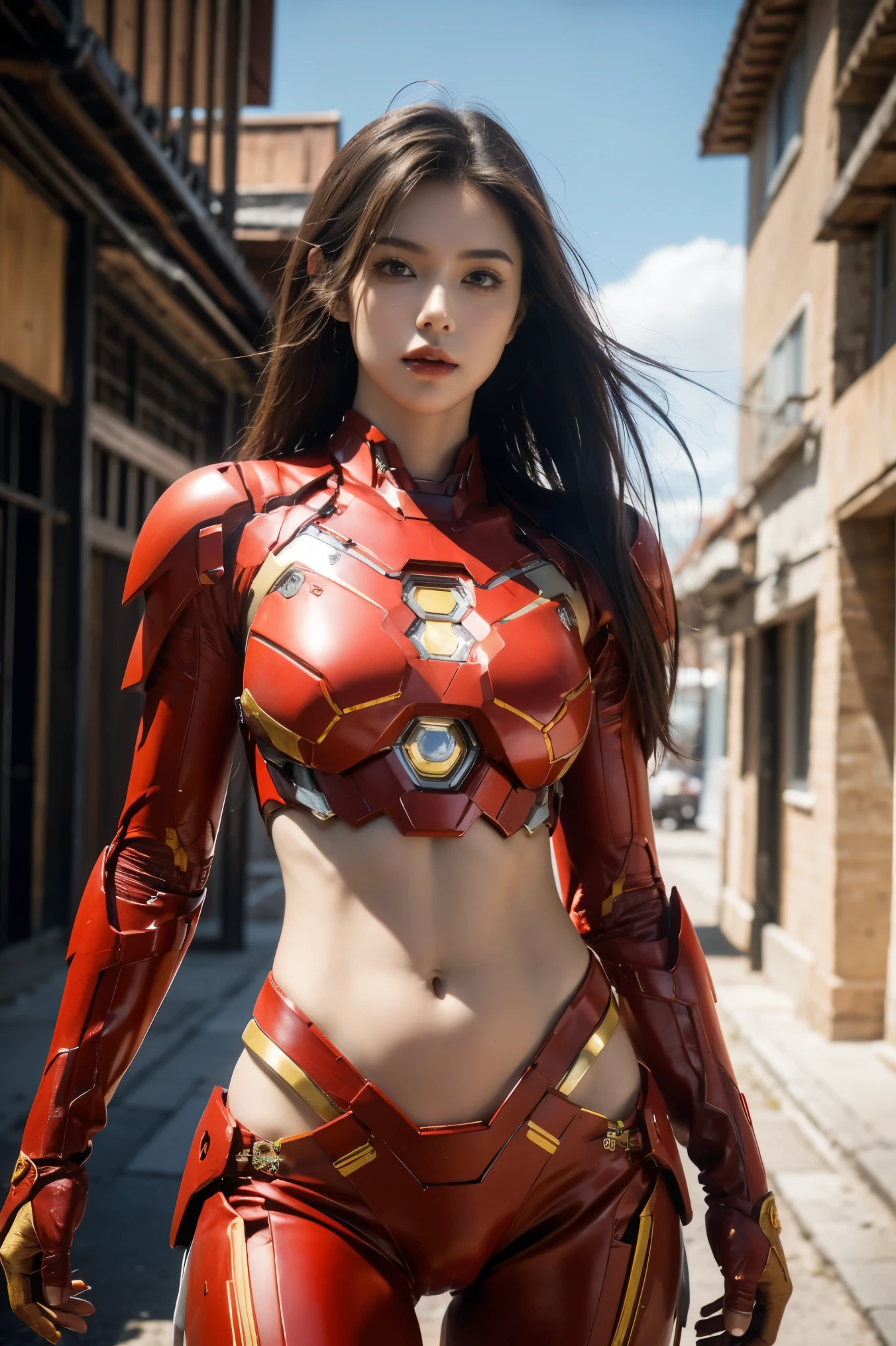 beautiful young woman, red iron man suit,metal Bikini armor, sexy exposed midriff, full metallic armor, bare midriff and waist, open abdomen, fully exposed abdomen, cowboy-shot, realistic, photorealistic, high quality, 8k, extremely detailed, masterpiece, dynamic pose, dramatic lighting, cinematic, sci-fi, futuristic, vibrant colors