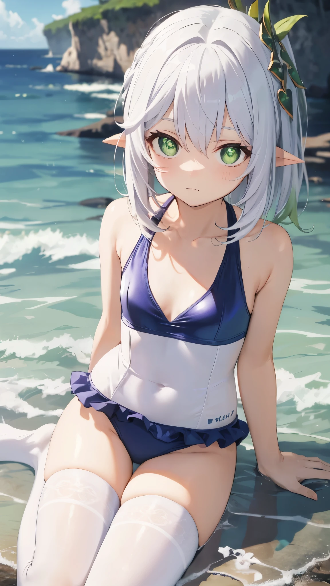 tmasterpiece, best qualtiy, Fine and detailed, A high resolution, Extremely Delicately Beautiful, (white hair), Close-up Shot Shot, (Green eyes), Be red in the face, cleavage, swimsuit, photo, perfect bodies, perfect bodies, white stockings, (Overlooking), sea, flat chested