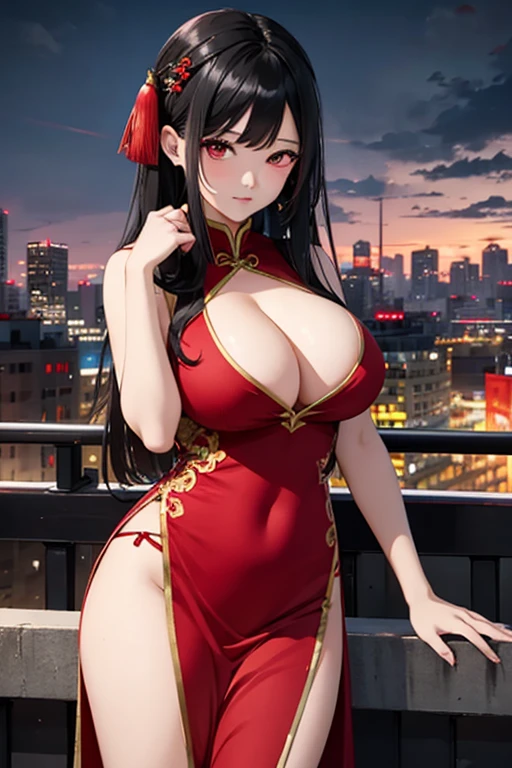 black hair, red eyes with china dress girl with big boobs with city background