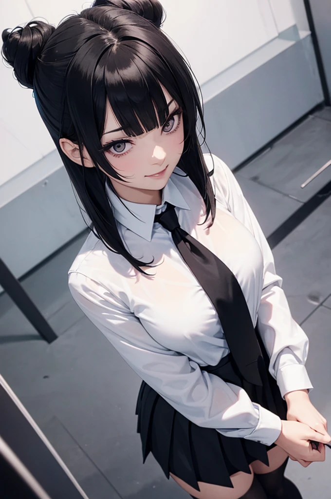 juri han, work of art, tight white secretary shirt with black tie, black high waist skirt, short skirt, black hair, black tights,evil smile,office,franja nos olhos,lighting,chifre de cabelos,view from above,olhando para cima,maos nas costas