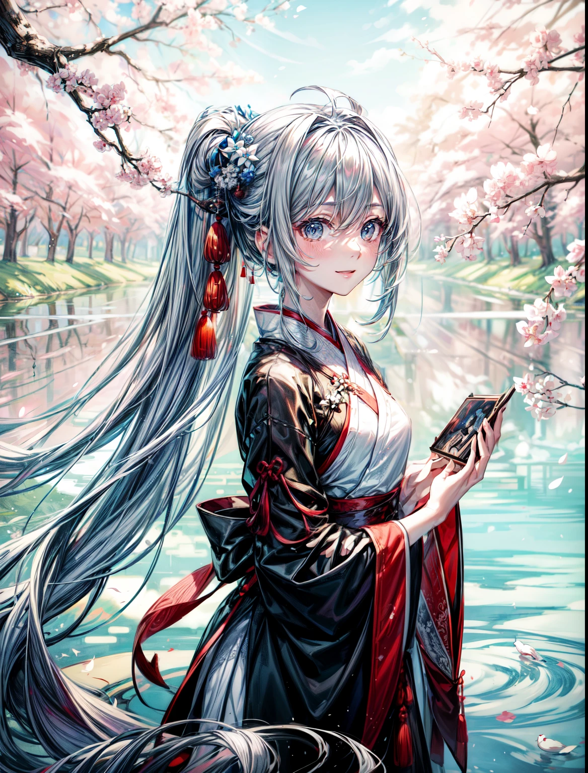 negative space,shuimobysim , portrait of a woman standing , willow branches, (masterpiece, best quality:1.2), traditional chinese ink painting, modelshoot style, peaceful, (smile), looking at viewer, wearing long hanfu, hanfu, song, willow tree in background,corneo_mercy,