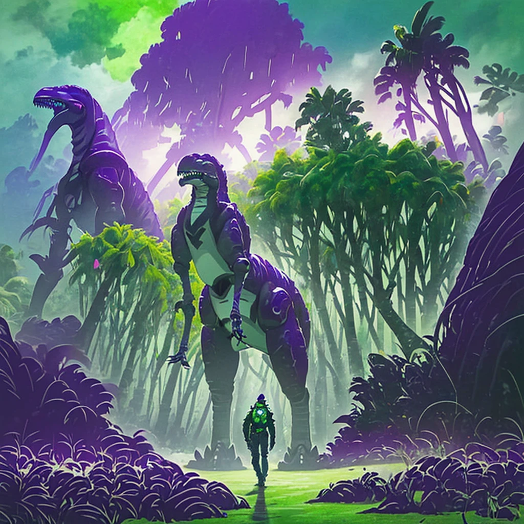Several robot dinosaurs are going about their business in a robotic tropical rain forest. Hight tech primal world. Alien sky green with 2 suns. Purple landscape