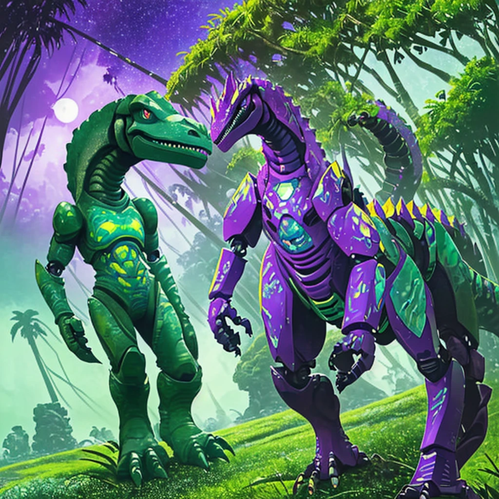 Several robot dinosaurs are going about their business in a robotic tropical rain forest. Hight tech primal world. Alien sky green with 2 suns. Purple landscape