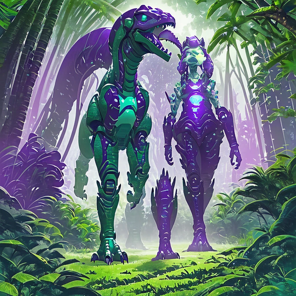 Several robot dinosaurs are going about their business in a robotic tropical rain forest. Hight tech primal world. Alien sky green with 2 suns. Purple landscape