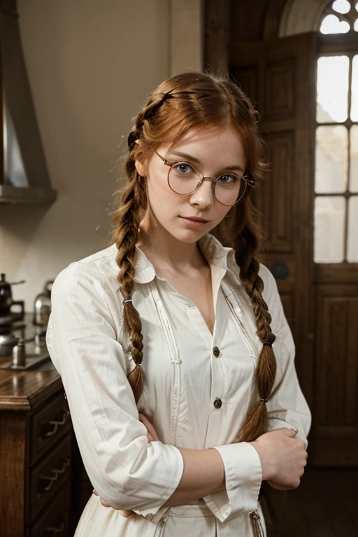 1913 : une jeune fille rousse, boudeuse, styled with braids, vêtue d'un chemisier vintage blanc, she wears round metal glasses