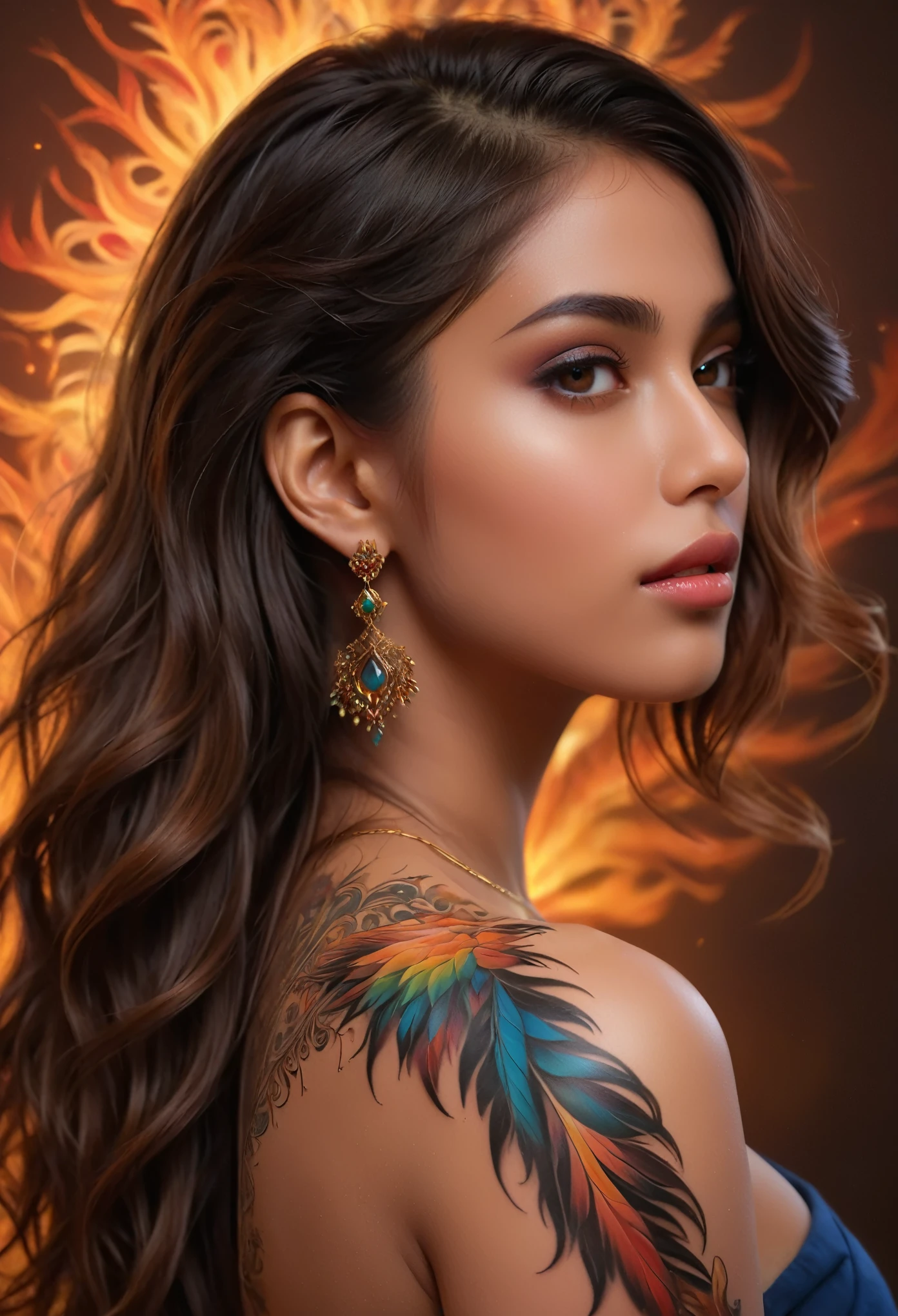 (best quality,4k,8k,highres,masterpiece:1.2),ultra-detailed,(Ultra-realistic, photorealistic,photo-realistic:1.37), from back, a beautiful young Arabian girl with a complex and colorful phenix tattoo on her back, 18yo, Amazing beauty, intricate detailed fractal tattoo, realistic detailed colorful tattoo, highly detailed body art, delicate female portrait, flawless skin, dark skin, piercing eyes, elegant facial features, flowing hair, dynamic pose, dramatic shadows, vibrant colors, fantasy art, digital painting, concept art, hyper realistic, 8k, best quality, her back to the viewer, delicate fractal tattoo on her bare back, professional photography, high quality, detailed, photorealistic, soft natural lighting, warm color palette, serene atmosphere, intricate tattoo details, graceful pose,