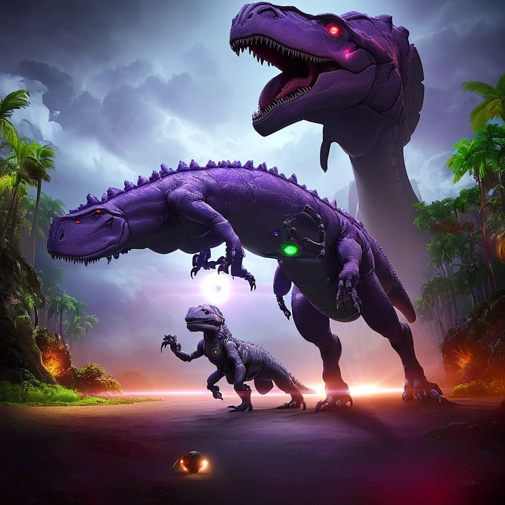 a highly advanced robotic dinosaur, robotic tropical rainforest, alien sky with two suns, purple landscape, advanced technology, futuristic, cinematic lighting, 8k, high resolution, photorealistic, detailed machinery, glowing circuits, metallic textures, dynamic composition, dramatic poses, cinematic angle