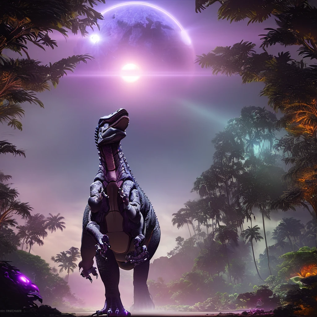 a highly advanced robotic dinosaur, robotic tropical rainforest, alien sky with two suns, purple landscape, advanced technology, futuristic, cinematic lighting, 8k, high resolution, photorealistic, detailed machinery, glowing circuits, metallic textures, dynamic composition, dramatic poses, cinematic angle