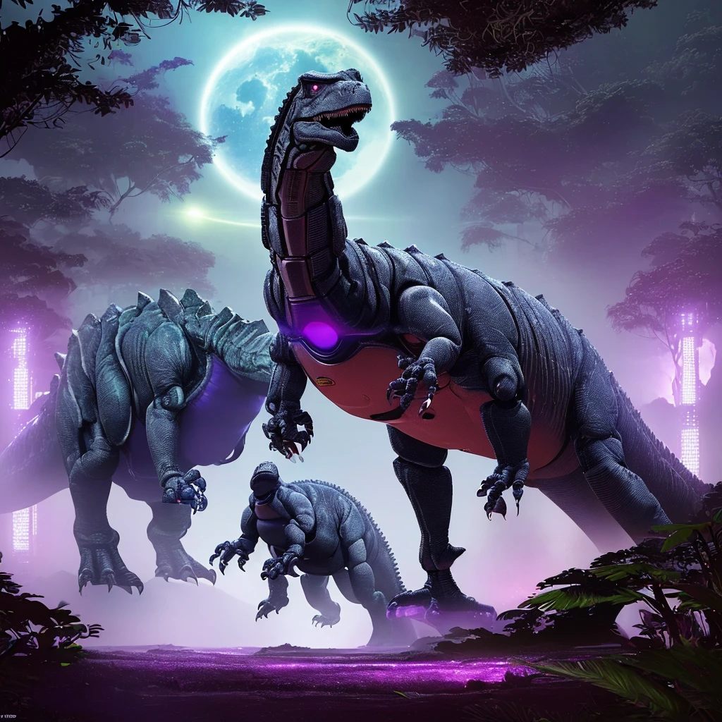 a highly advanced robotic dinosaur, robotic tropical rainforest, alien sky with two suns, purple landscape, advanced technology, futuristic, cinematic lighting, 8k, high resolution, photorealistic, detailed machinery, glowing circuits, metallic textures, dynamic composition, dramatic poses, cinematic angle